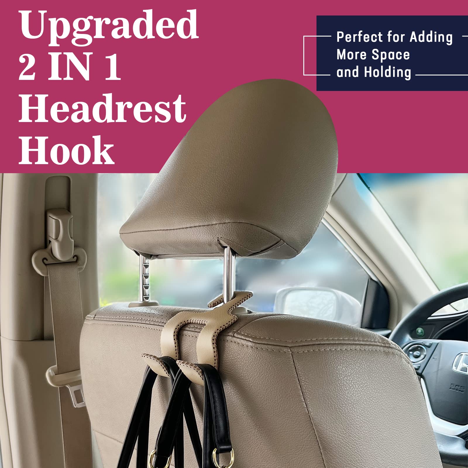 Tisohugo Upgraded Headrest Hooks For Purses And Bags, 2 In 1 Car Back Seat Head Rest Hanger Matching Cars Interior Genuine Leather Vehicle Storage Holder Hook, 1 Pack, Black