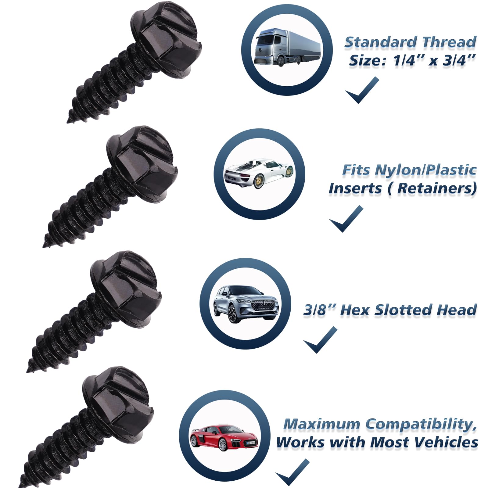 Generic Black Stainless Steel License Plate Screws - 8 Pcs | Rust-Proof Finish | Rustproof Bolts For Domestic Vehicles | Anti-Ra