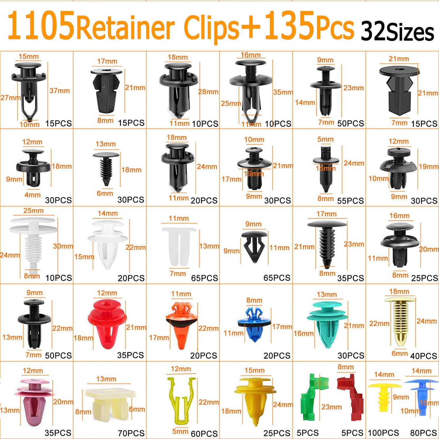 Uolor 1240Pcs Car Push Retainer Clips & Auto Fasteners Kit - 32 Most Popular Sizes Nylon Bumper Fender Rivets with 10 Cable Ties