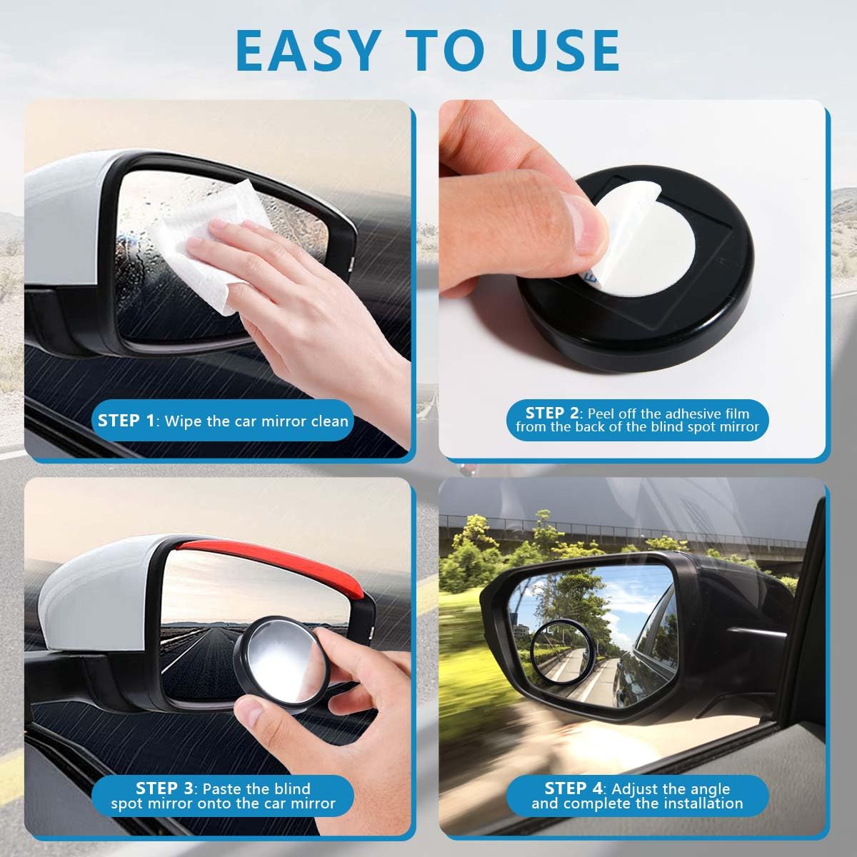 OBTANIM 4 Pack Blind Spot Car Mirror 2 Inch Angle Adjustable HD Glass Round Side Rear View Convex Accessories with Frame for Car