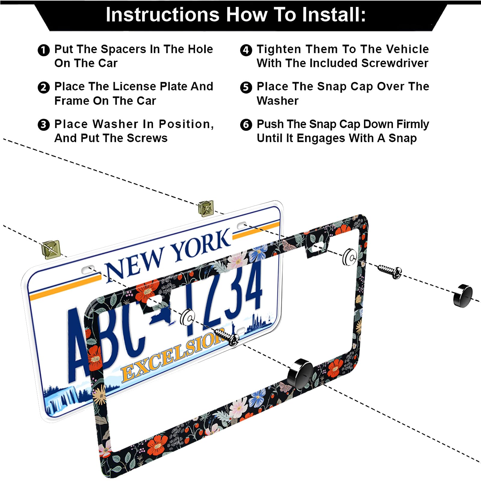 Floral Flowers Strawberries License Plate Frames, 2 Pack Floral Strawberry Car Plate Frame, Stainless Steel License Plate Holder