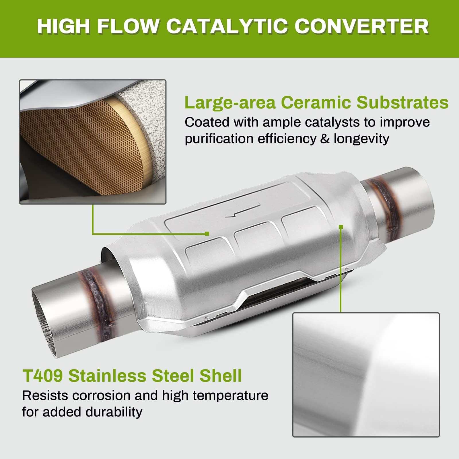 Autosaver88 Atcc00042 2-Pack Universal Catalytic Converter, 2.5'' Inlet/Outlet Catalytic Converter With Heat Shield, Stainless S