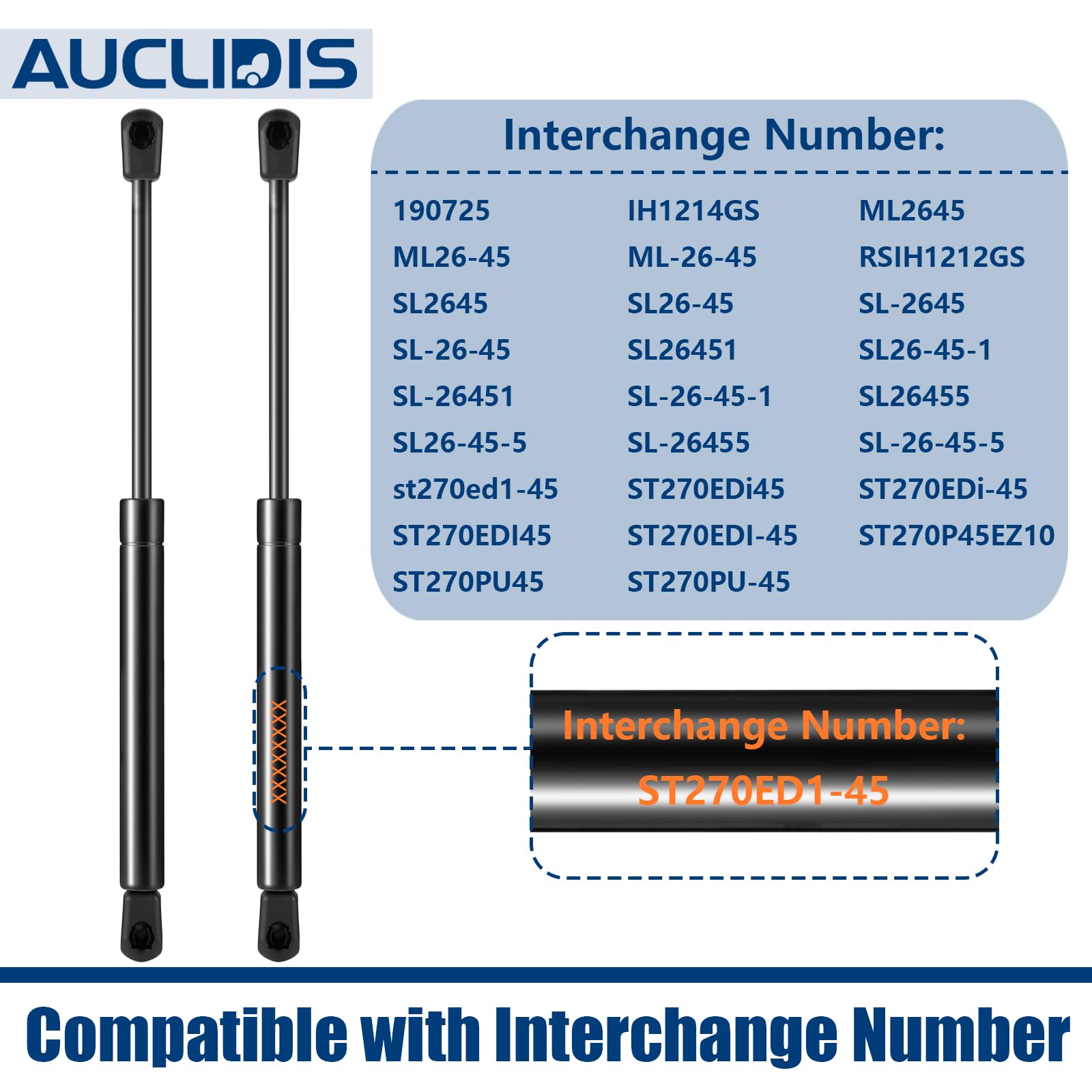 AUCLIDIS Gas Struts - ST270ED1-45 27" 45lb Black Metal Lift Supports for Tonneau Cover - Set of 2