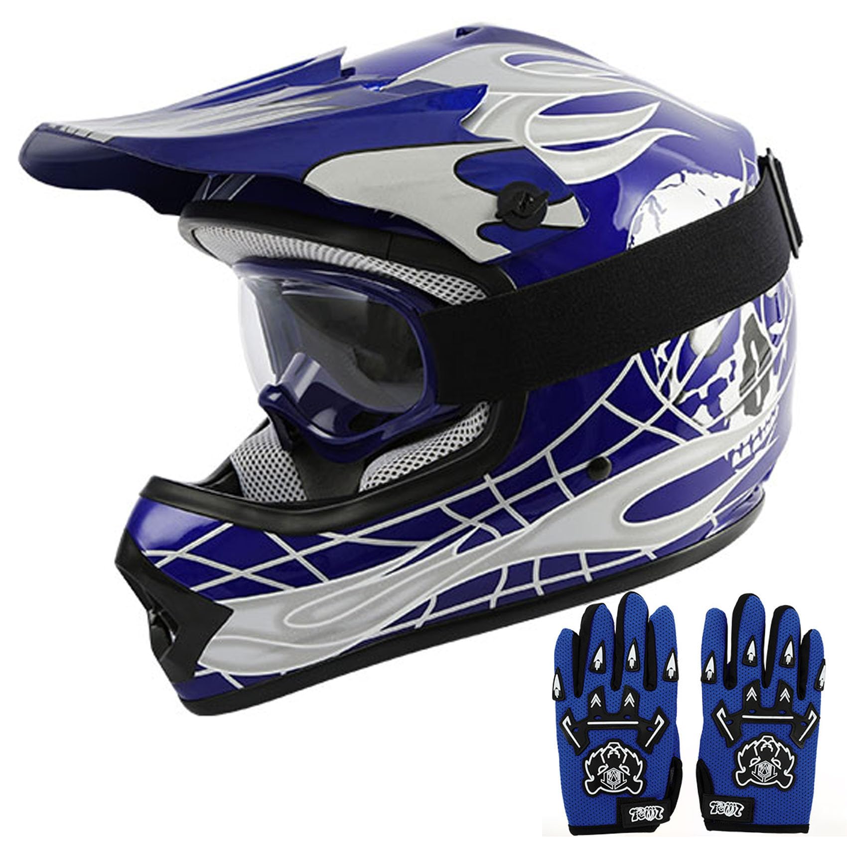 TCT-MOTORPARTS DOT Youth Kids Dirt Bike Full Face Helmets Motocross ATV Offroad Four Wheeler Helmet Blue Skull X-Large Size -Like New