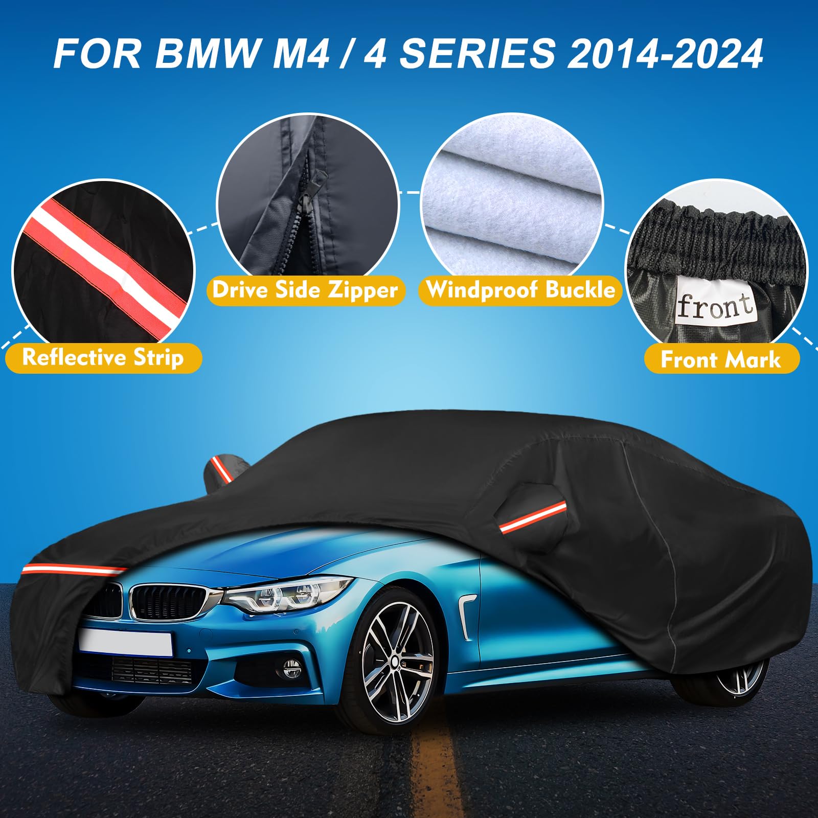 QUNSUNUS Waterproof Car Cover for Ford Mustang 1979-1993, Outdoor Car Covers with Zipper, All Weather Full Exterior Cover with S