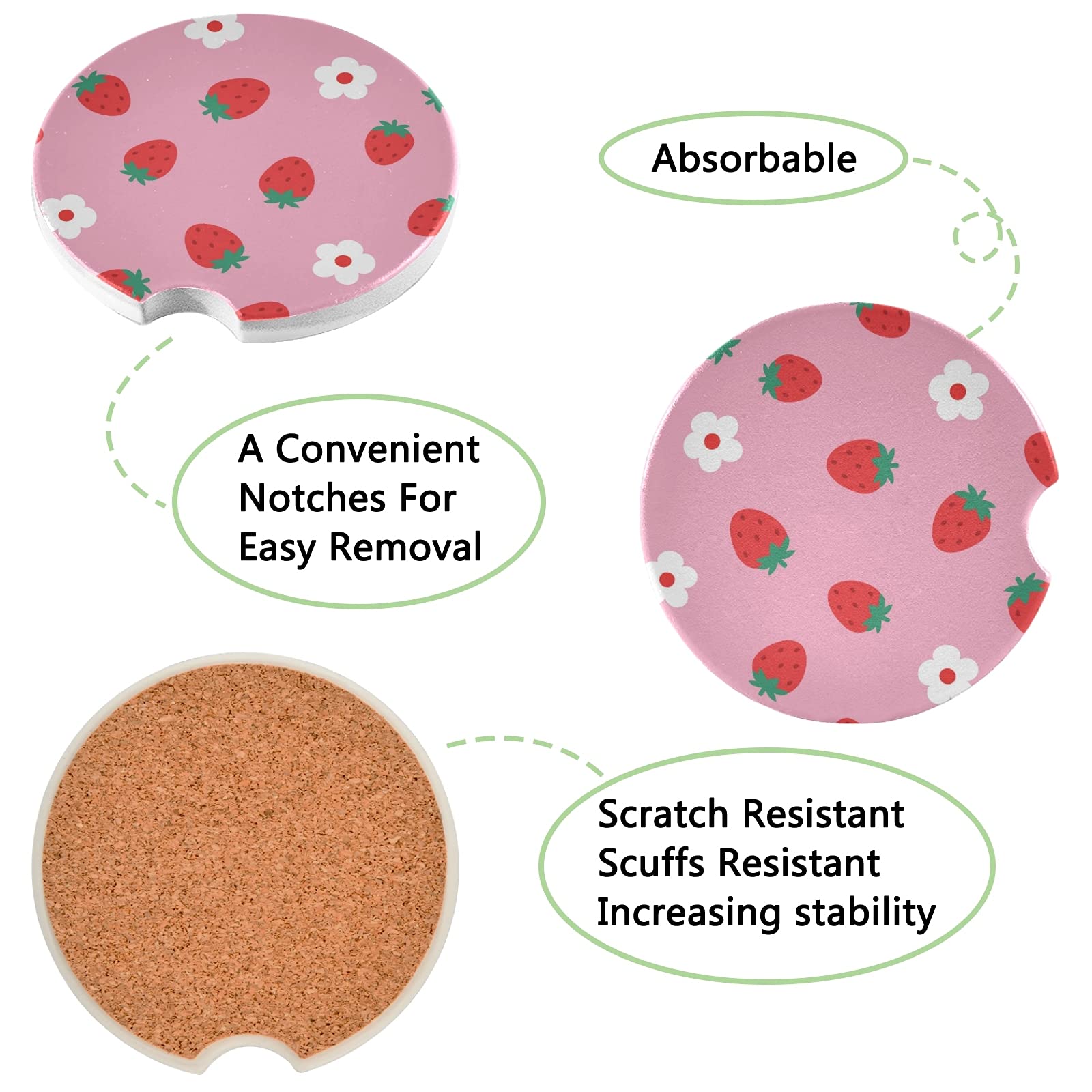 Susiyo Car Coasters 2 Pack, 2.5Inch Absorbent Ceramic Coaster For Cup Holder (Strawberry)