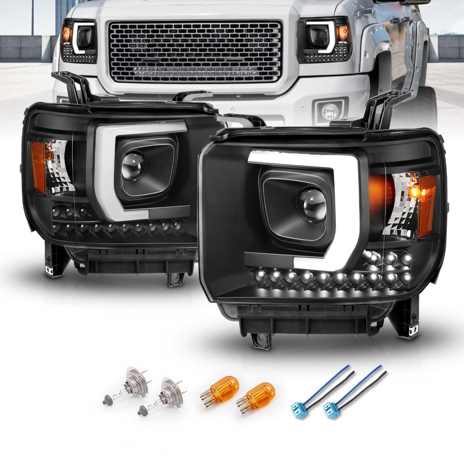 Amerilite Projector Halogen Headlights Led Drl Bar For Gmc Sierra 1500 2500Hd 3500Hd Pickup Truck Driver And Passenger Pair, Vehicle Light Assembly, Black