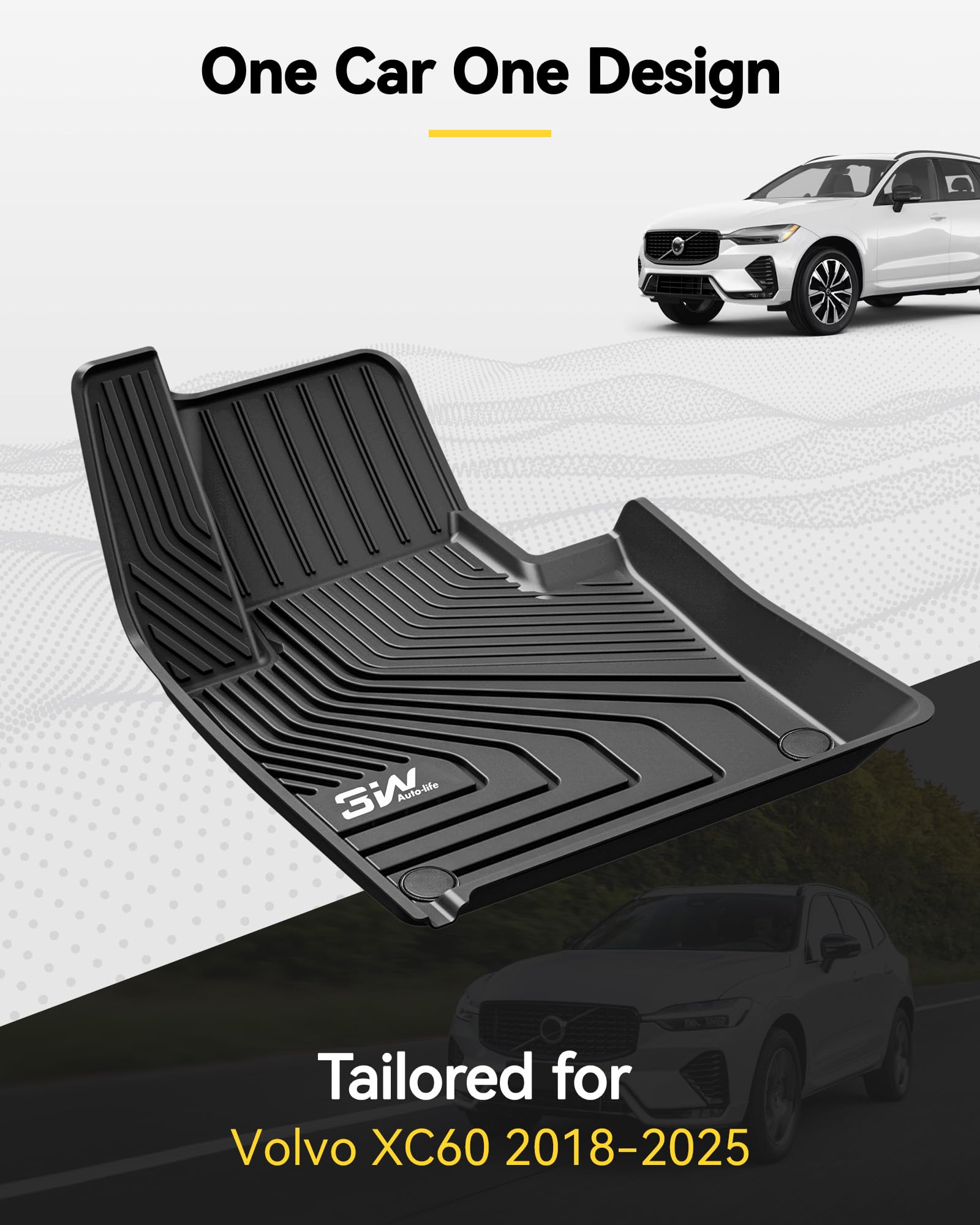 3W TPE All-Weather Floor Mats for Volvo XC60 2018-2026, Black, Custom Fit T5 T6, 1st & 2nd Row Accessories, Model Z