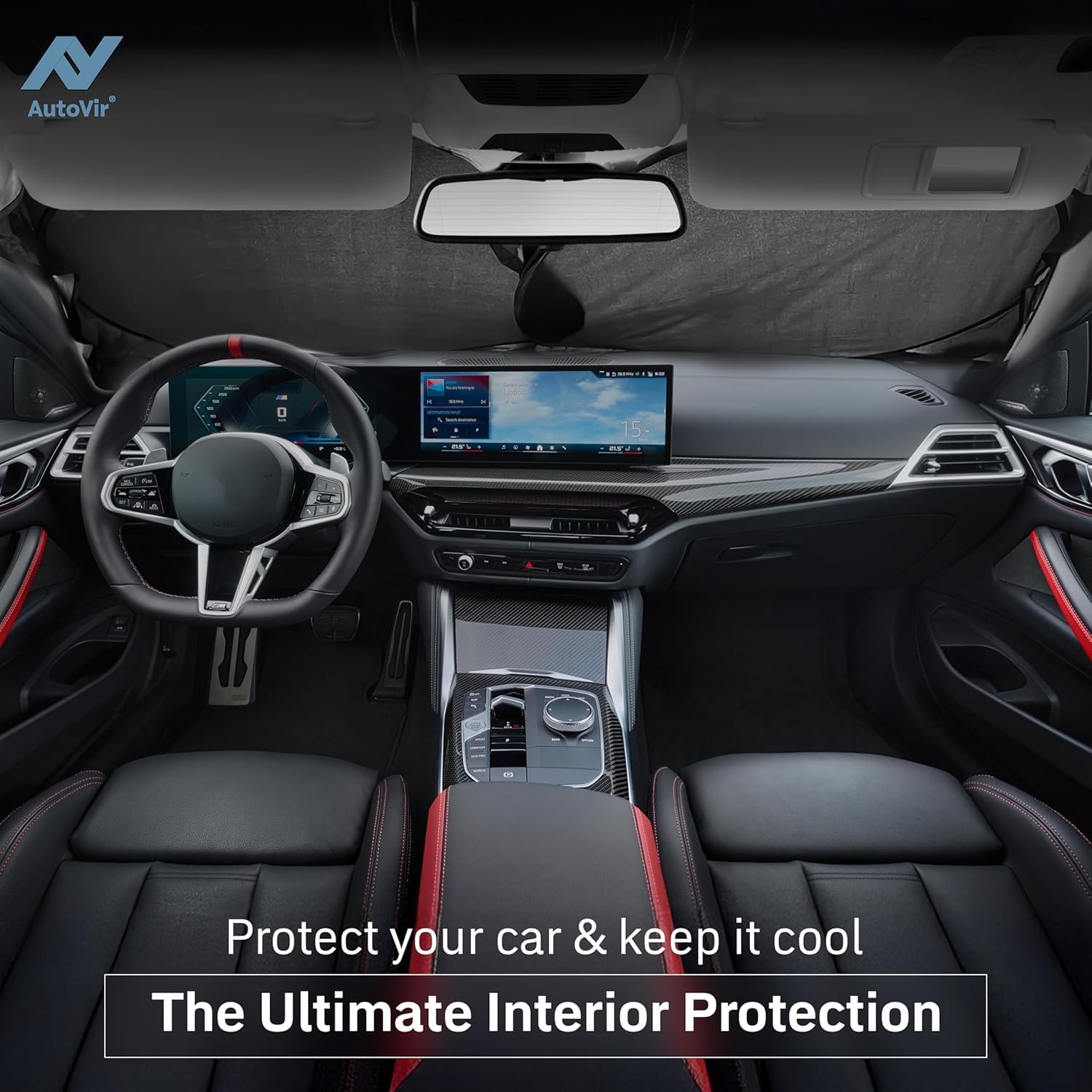 Autovir Foldable Windshield Sun Shade For Car - 240T Reflective Uv And Heat Shield With Storage Bag | Keeps Interior Cool | Univ