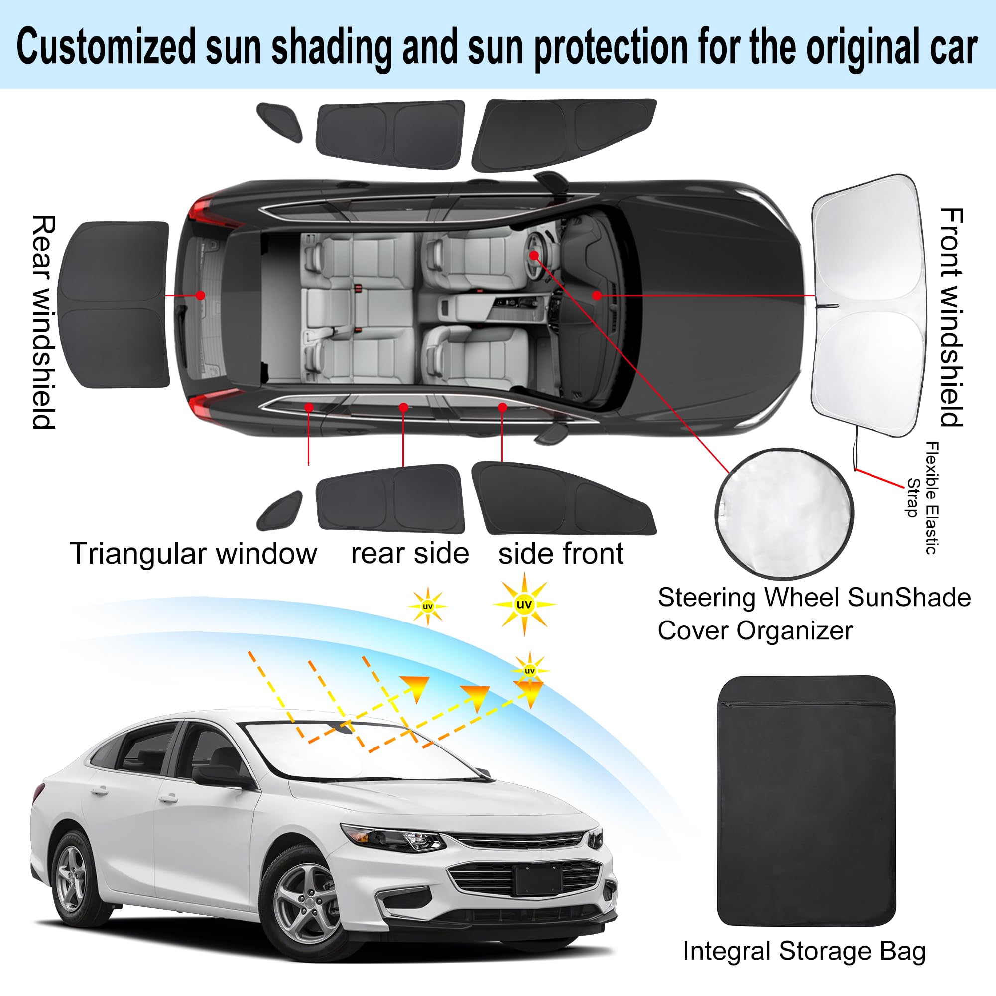TINGLU Window Shades for Chevrolet Malibu 2016-2025, Black UV Protection Sun Shade, 8PCS Triangular Rear Windows Cover