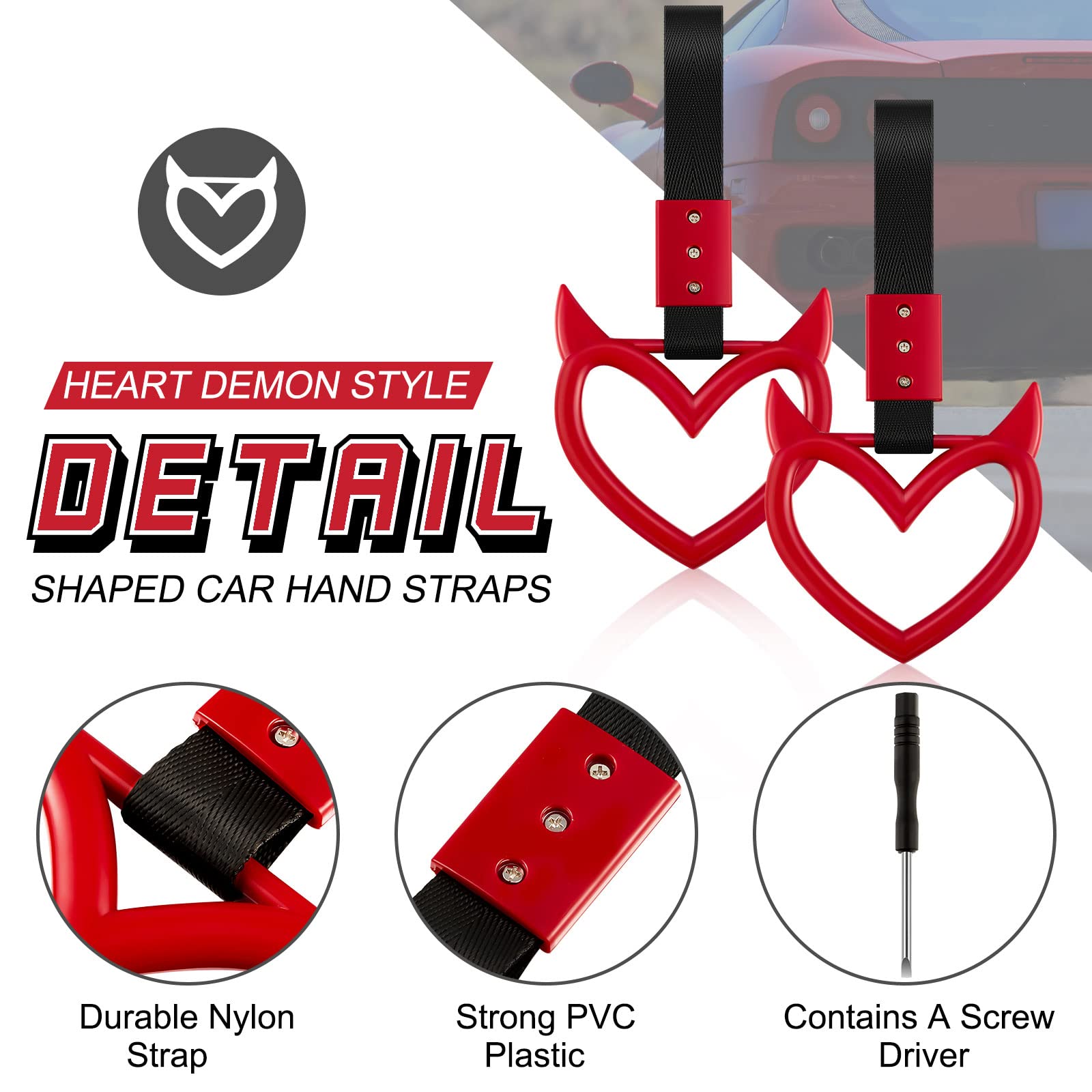 Fabbay 2 Pieces Heart Handle Keychains Car Accessory Heart Hand Strap Drift Charm For Car Interior Exterior Decoration(Red,Devil