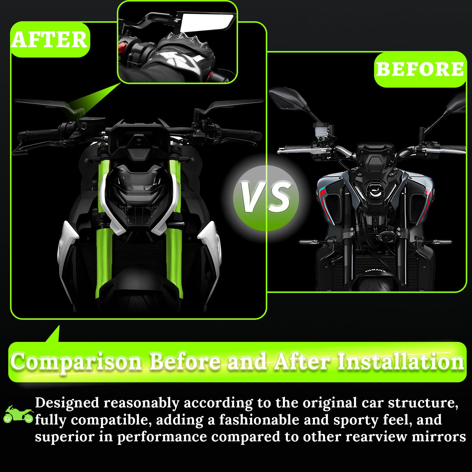 CABORIALLAN Motorcycle Rear View Mirrors, Adjustable 360 Rotating Stealth Wind Wing Side Mirrors Compatible with Kawasaki Z400 Z