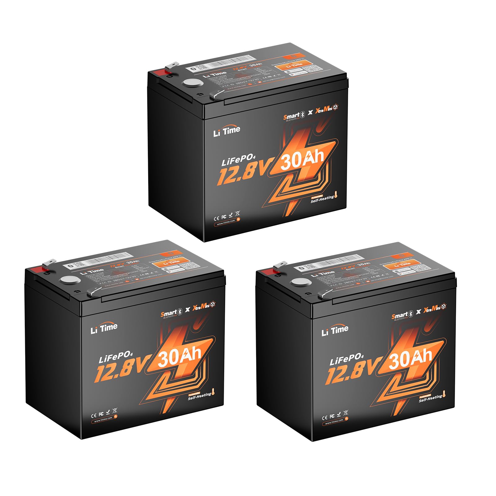 Litime 12V 30Ah Ice Fishing & Portable Bluetooth LiFePO4 Battery, 12 Volt Mini Self-Heating Lithium Battery, 4000+ Deep Cycle, B