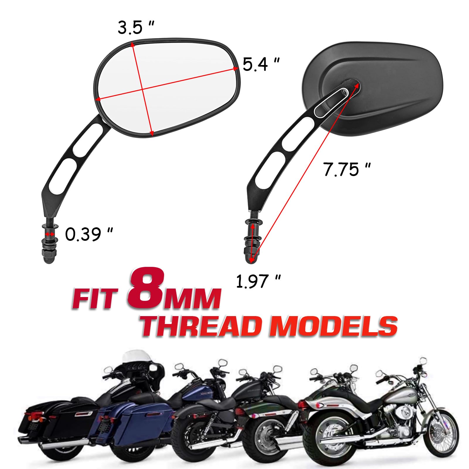 Mofun Gloss Black Mirrors 8Mm Rear Side Mirror Compatible With 1982-2024 Harley Softail Dyna Touring, Street Glide, Road Glide,