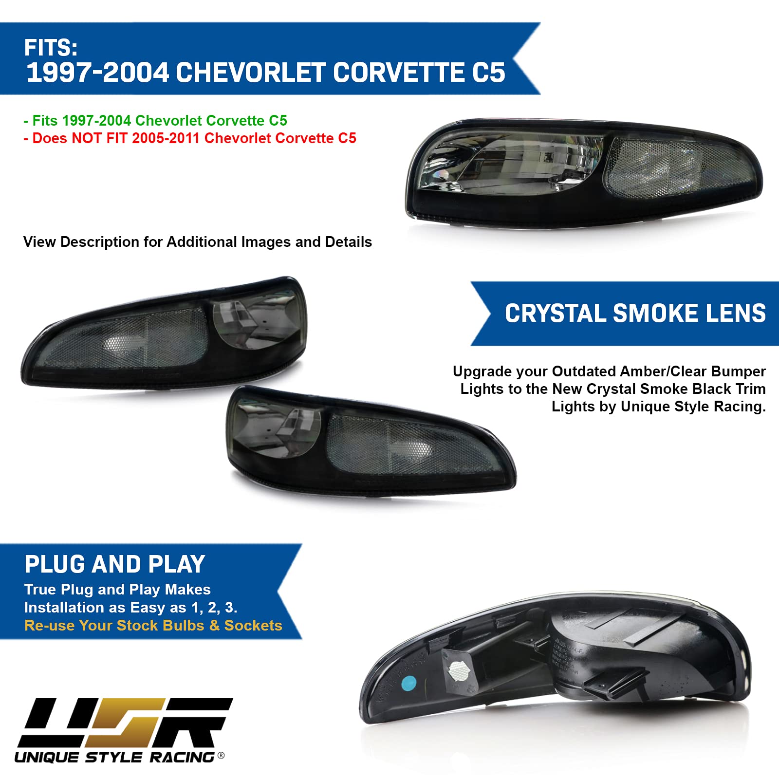 USR DEPO Vette C5 Turn Signal Lights Set - Front Bumper Lamps (Left + Right) for 1997-2004 Chevy Corvette C5, Black Housing, Smoke Lens