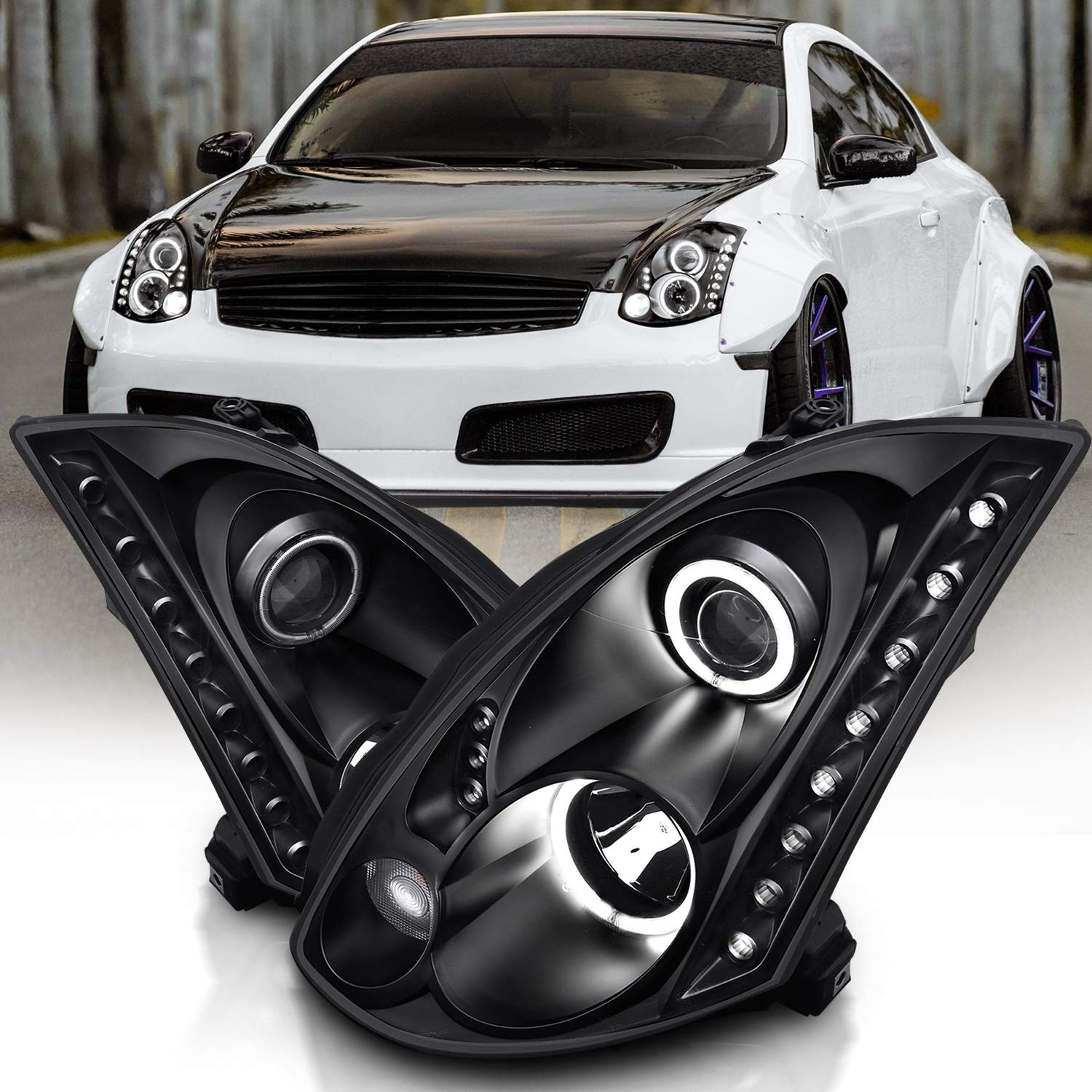 AmeriLite LED Projector Headlights Set for 2003-2007 Infiniti G35 Coupe - Dual Xtreme Halo Rings, Chrome, HID Compatible