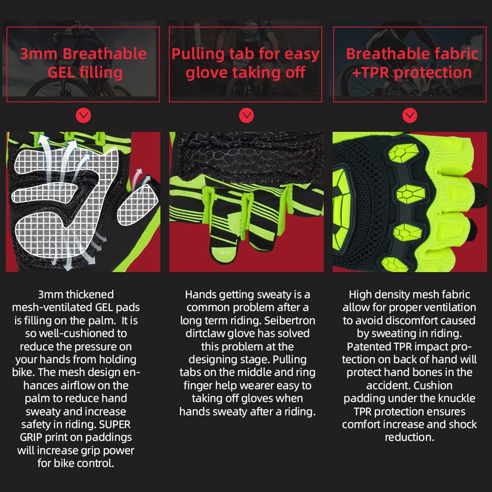 Seibertron Adult Dirtclaw Gloves - Versatile Gloves For Cycling, Atv, And Mountain Biking Fluo Yellow Xxl