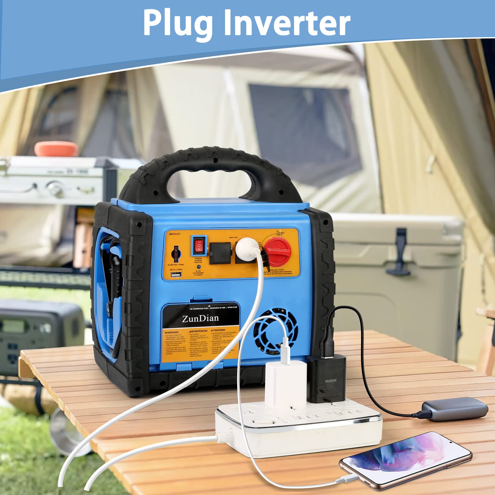 ZunDian 1600 Amp Battery Jump Starter with Air Compressor & Power Inverter, Portable 12V Auto Booster Box, Model HH-715p, Blue