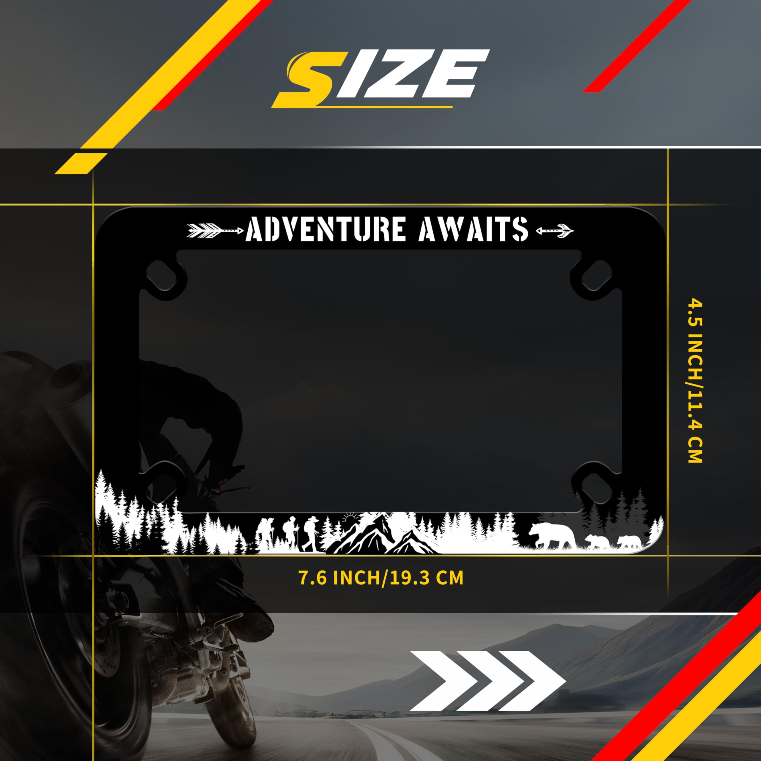 Motorcycle Adventure Awaits License Plate Frame Mountain Hiking Bear Stainless Steel Material Funny Motorbike License Plate Hold