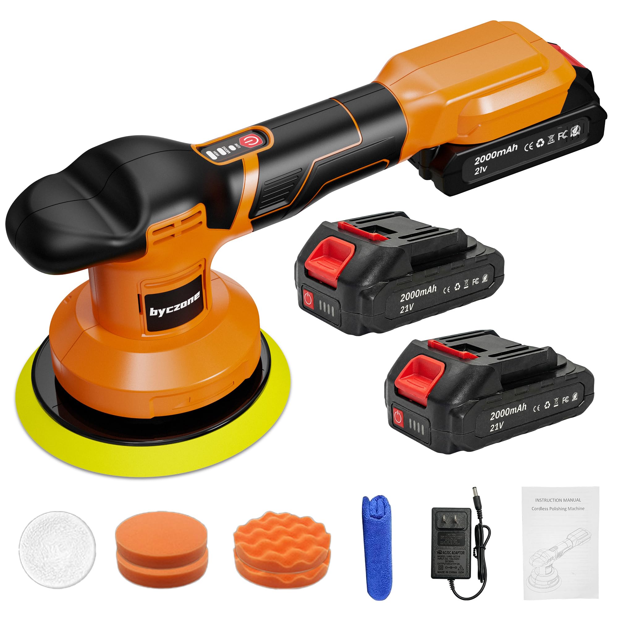 Cordless Buffer Polisher Kit with 2 Pack 2000mAh 21V Batteries, 6 Inch Car Waxer Polisher, 3 Variable Speed, 6PCS Extra Attachme