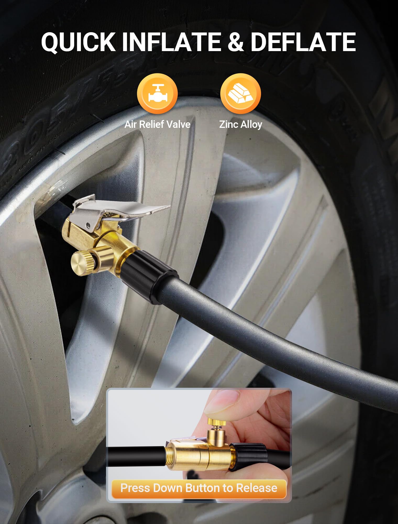 2-Pack Locking Tire Air Chuck, Brass Tire Inflator Hose Adapter W/Clip Adapter & Release Button For Lock On, No Leakage Air Comp