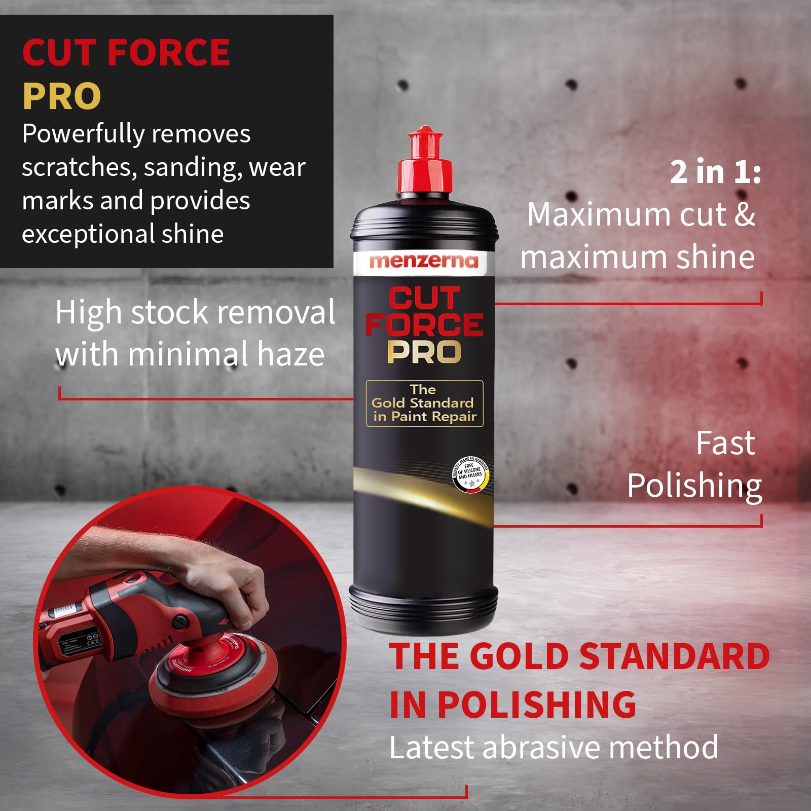 Menzerna Cut Force Pro Car Polish - Heavy Cut, High Gloss Finish, 32 oz, Plastic, Ideal for Scratches & Sanding Marks, Car Body Repair