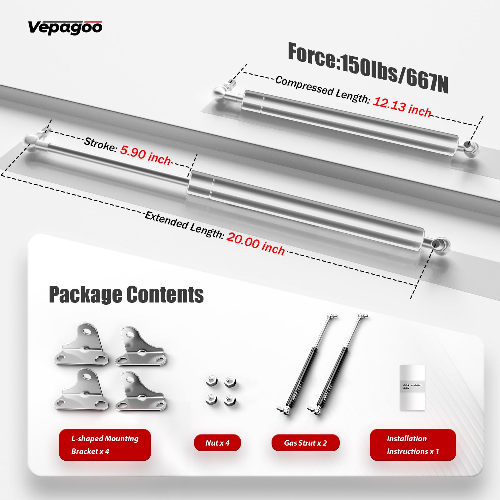 Vepagoo Stainless Steel Gas Struts - 20 Inch, 150Lb/667N, Silver, 2pcs for Boat Hatch & RV Bed Lift Support