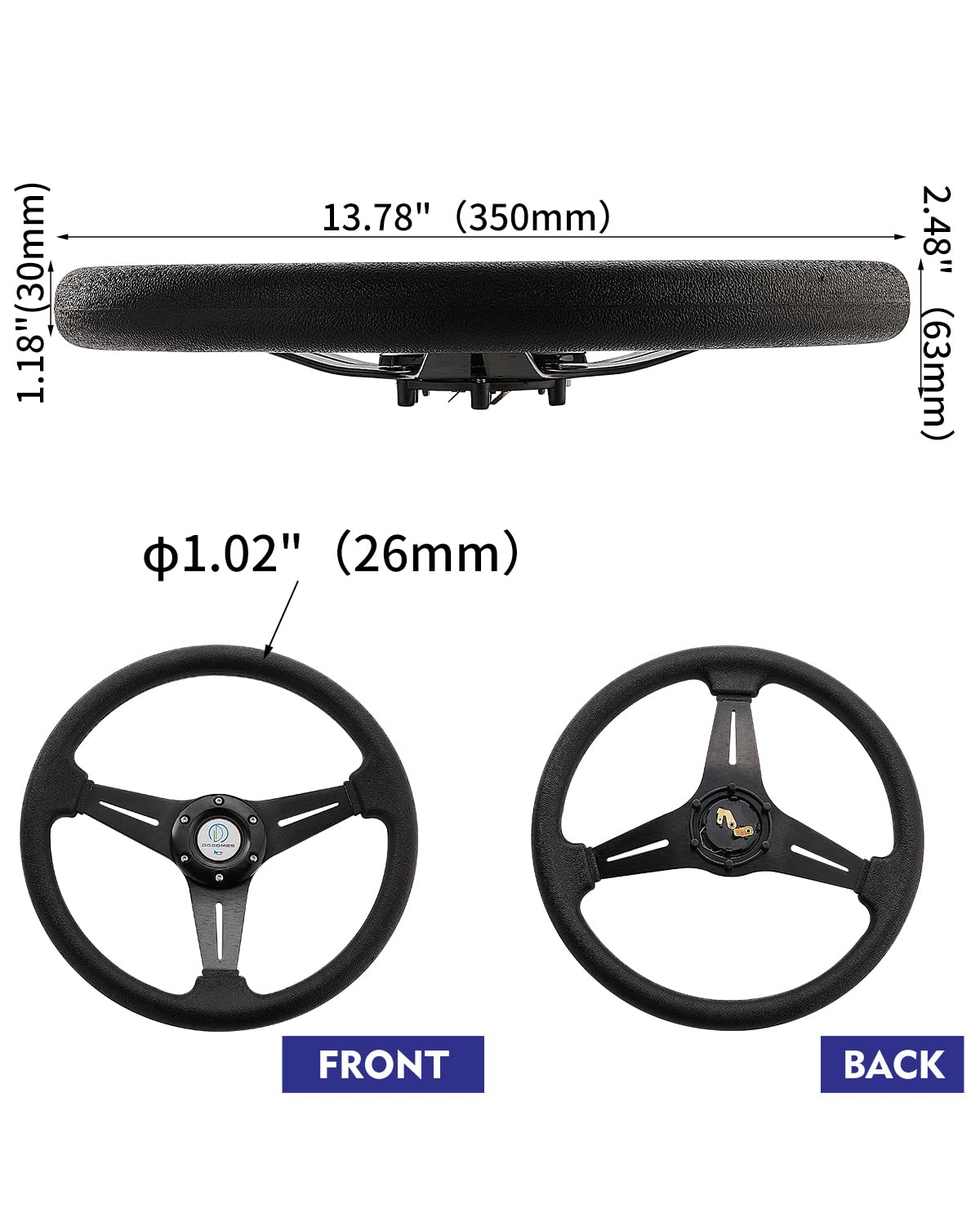 Dodomes Racing Golf Cart Steering Wheel, 13.8" Black Vinyl/Leather, Aluminum, Model DomSW3B, Universal Fit for EZGO/Yamaha