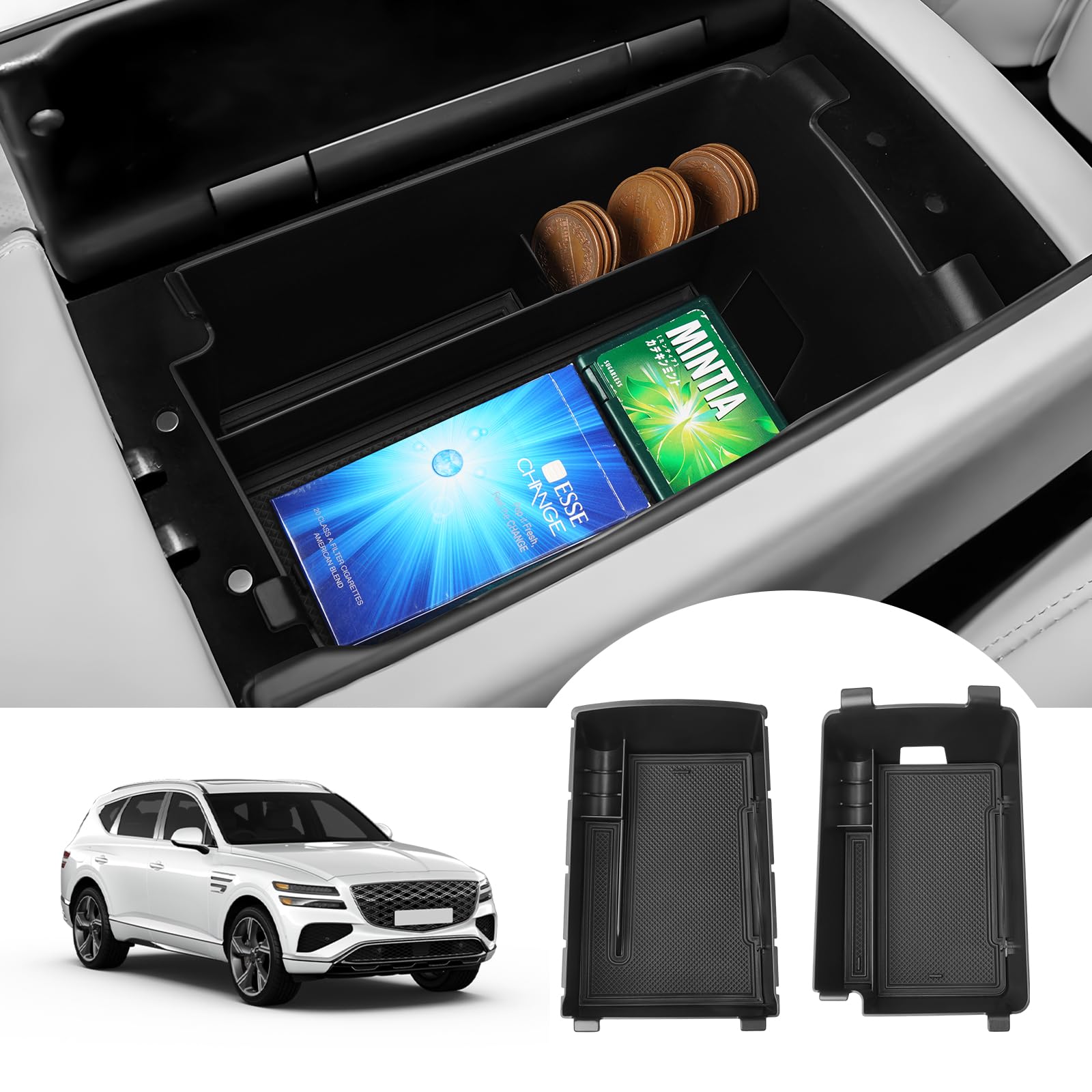 Autorder 2PCS Center Console Organizer for 2025 Genesis GV80 Accessories Armrest Storage Box Secondary Insert Tray with AntiSli