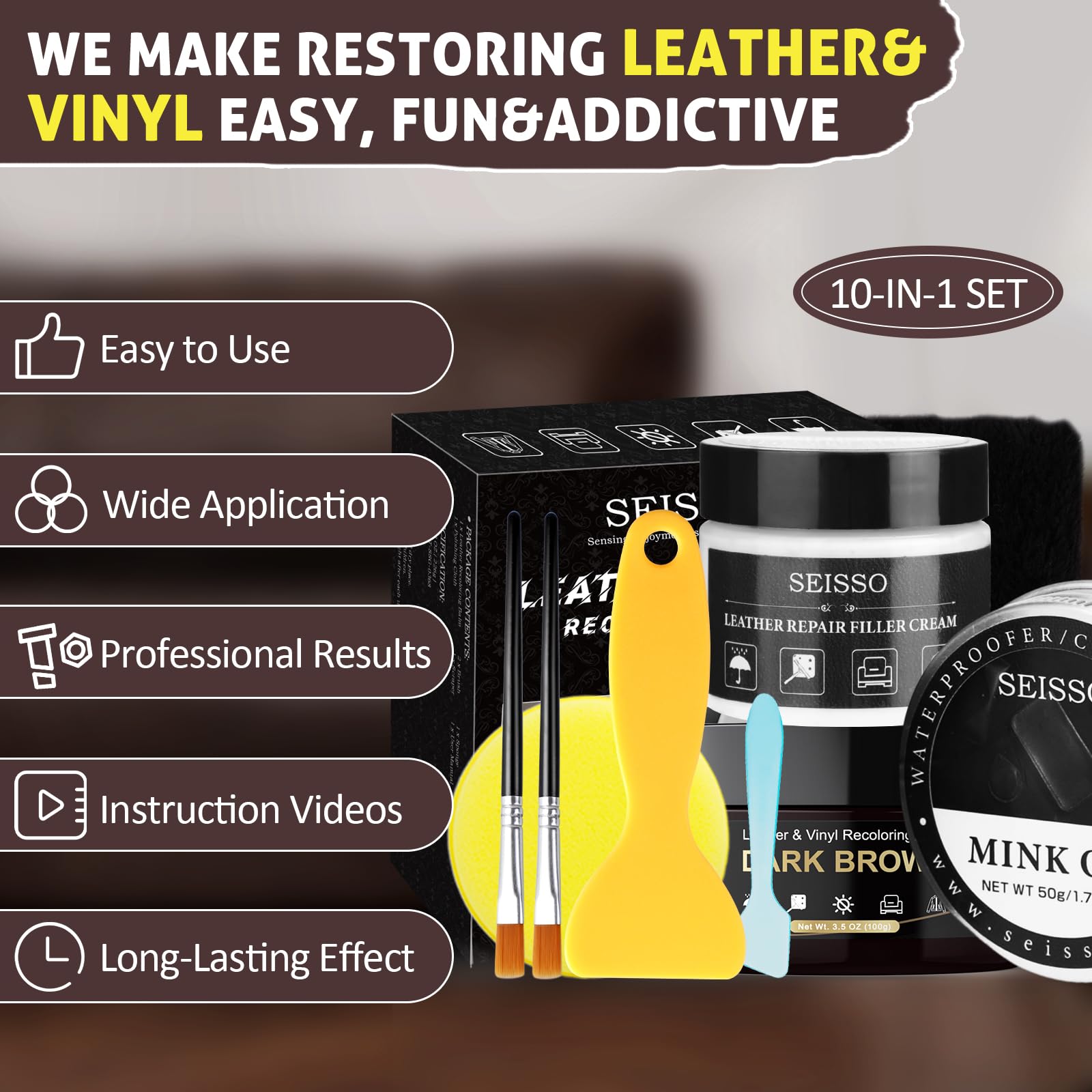 SEISSO Leather Repair Kit for Furniture, Dark Brown Vinyl Repair Kit with Mink Oil Car Interior Leather Recoloring Balm for Scra