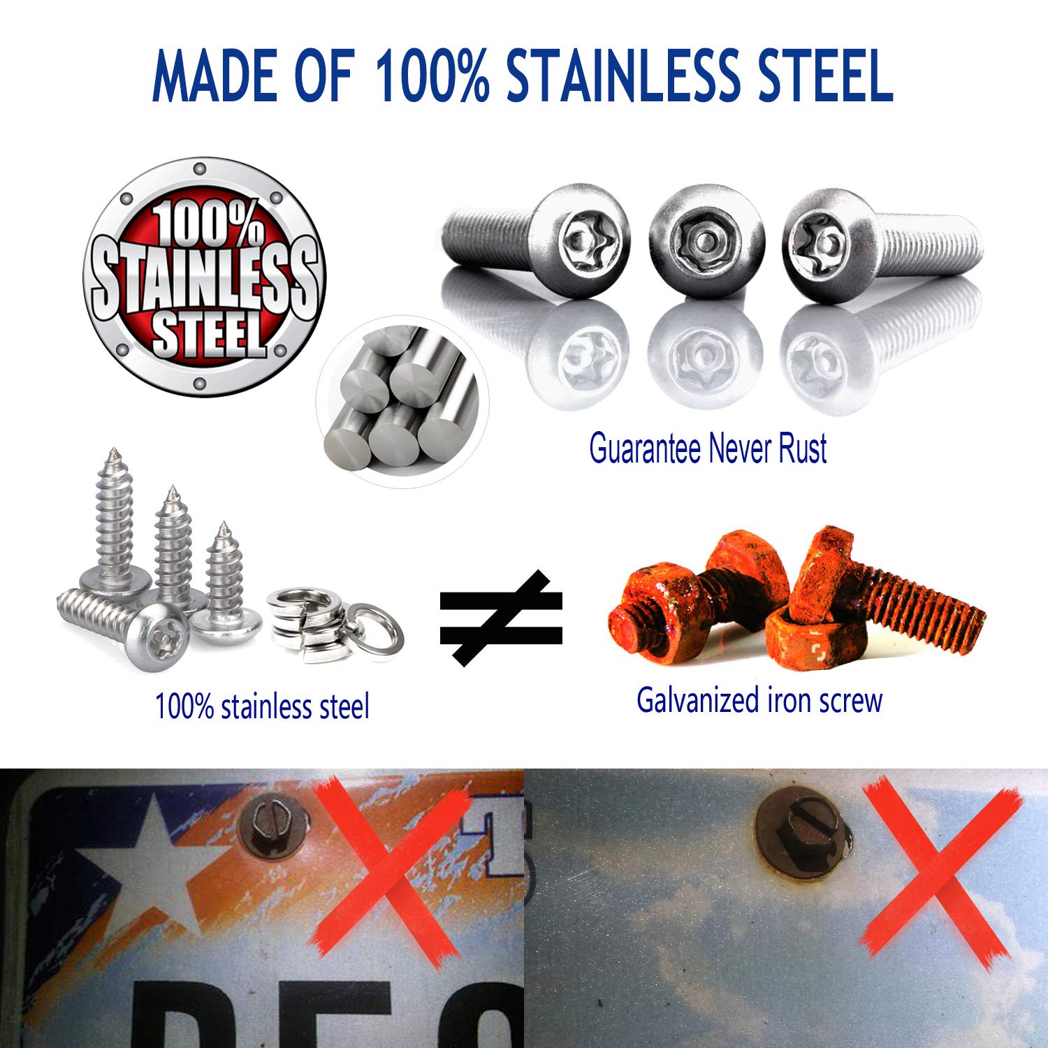 Zxfoog Anti Theft License Plate Screws- Stainless Steel Bolt Fasteners Kits For Car Tag Frame Holder, Tamper Resistant Mounting Hardware,1/4(M6) Security Screw Set,Rust Proof, Black Screw Caps Cover