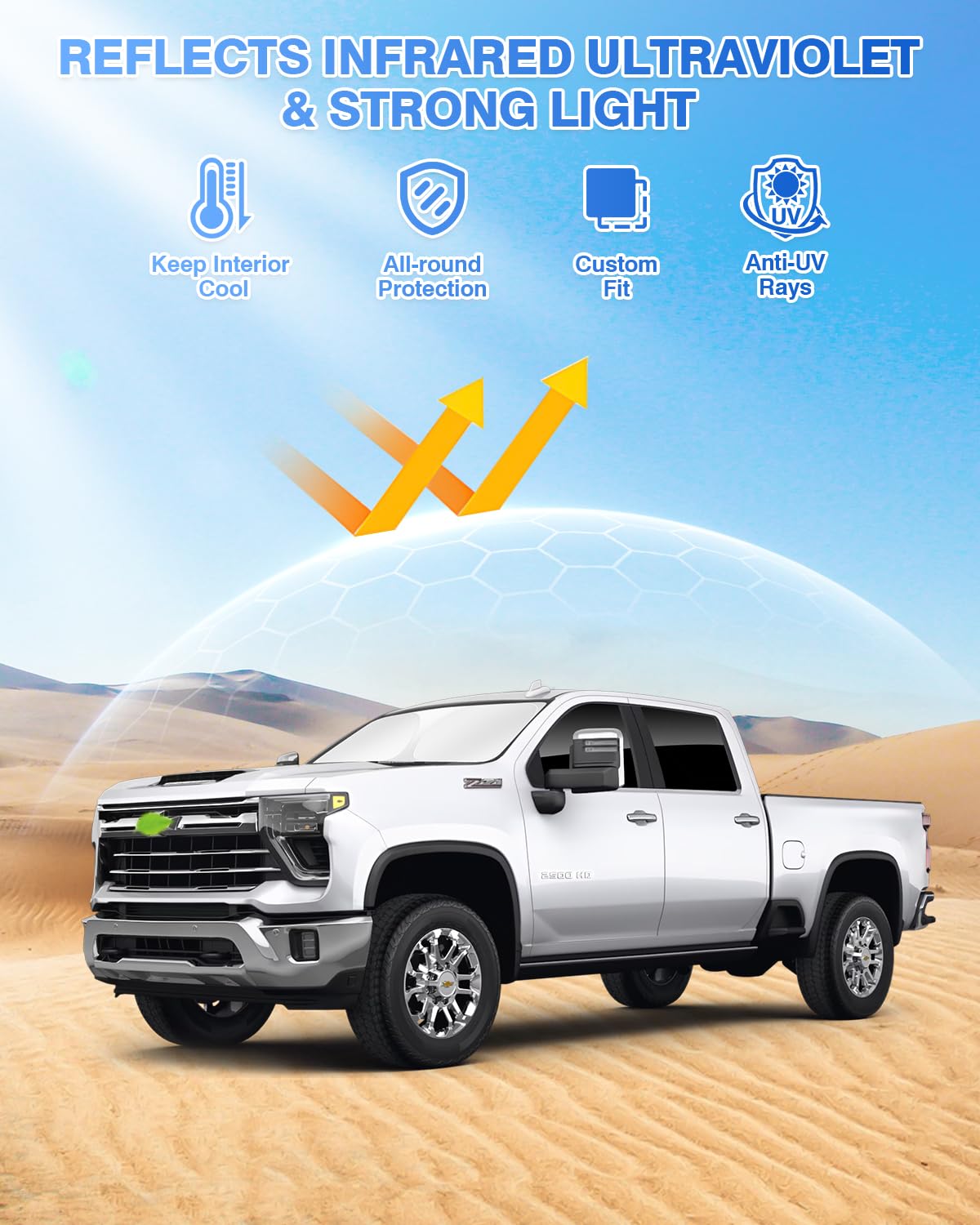 Canvcle Windshield Sun Shade for Chevrolet Silverado 2500/3500 Crew Cab 2020-2026, Black, 5PCS, Polyester Privacy Protection