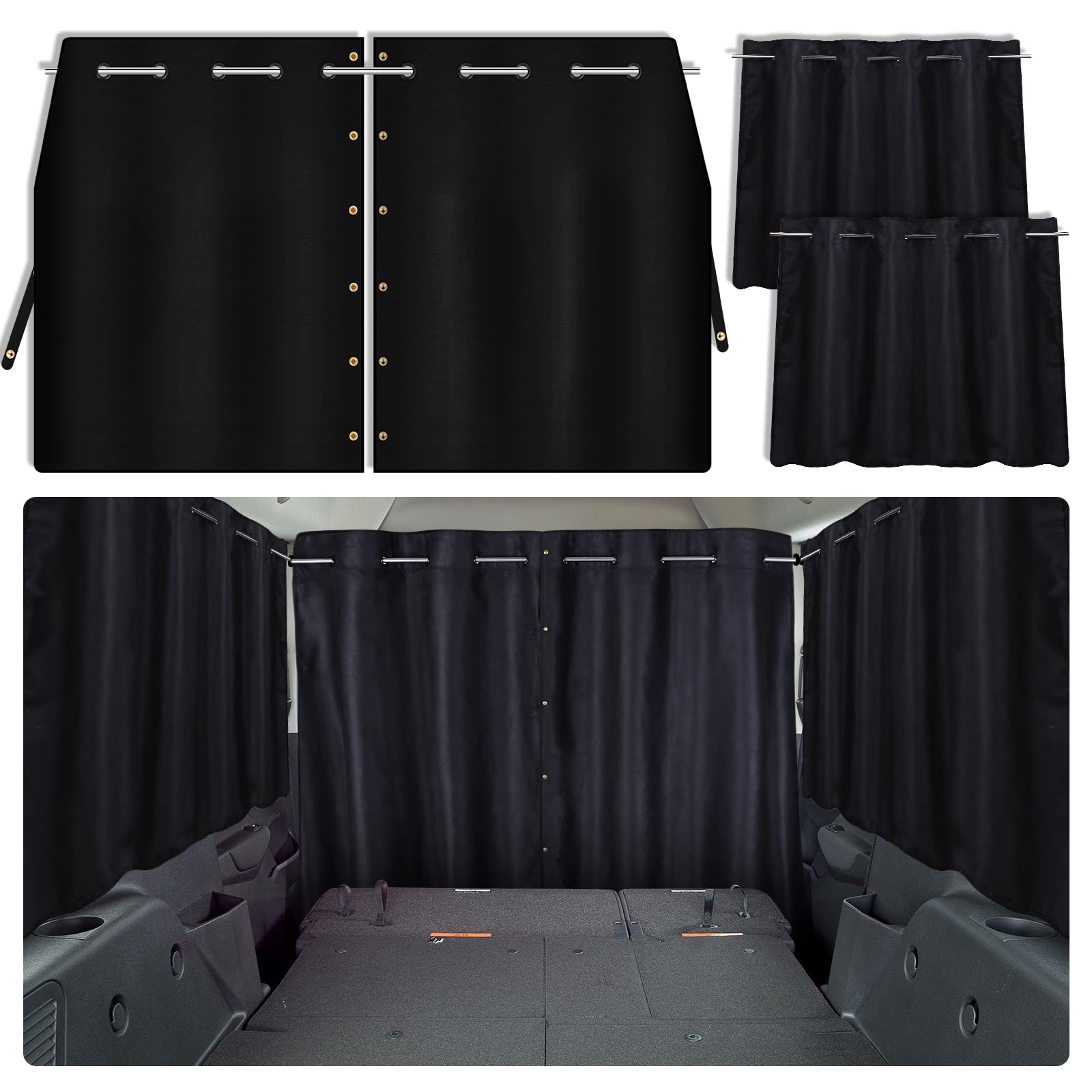 Zatooto Car Window Shades With Rods Set Of 3, Side Window Shade For Back Window & Privacy Blackout Car Divider Curtain Set Opaqu