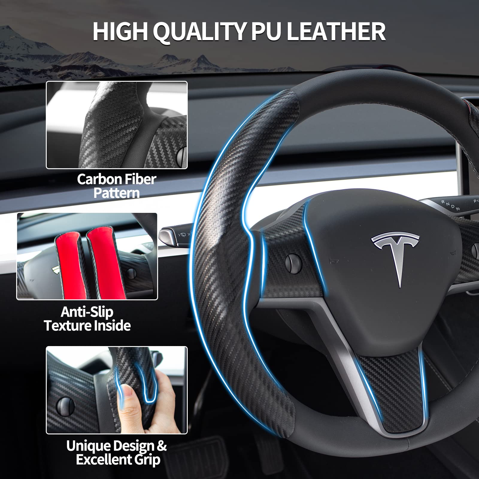 Uxcer Tesla Model 3/Y Steering Wheel Cover, Carbon Fiber Steering Wheel Wrap Stickers For Tesla Model 3 Model Y 2017-2021 2022 2