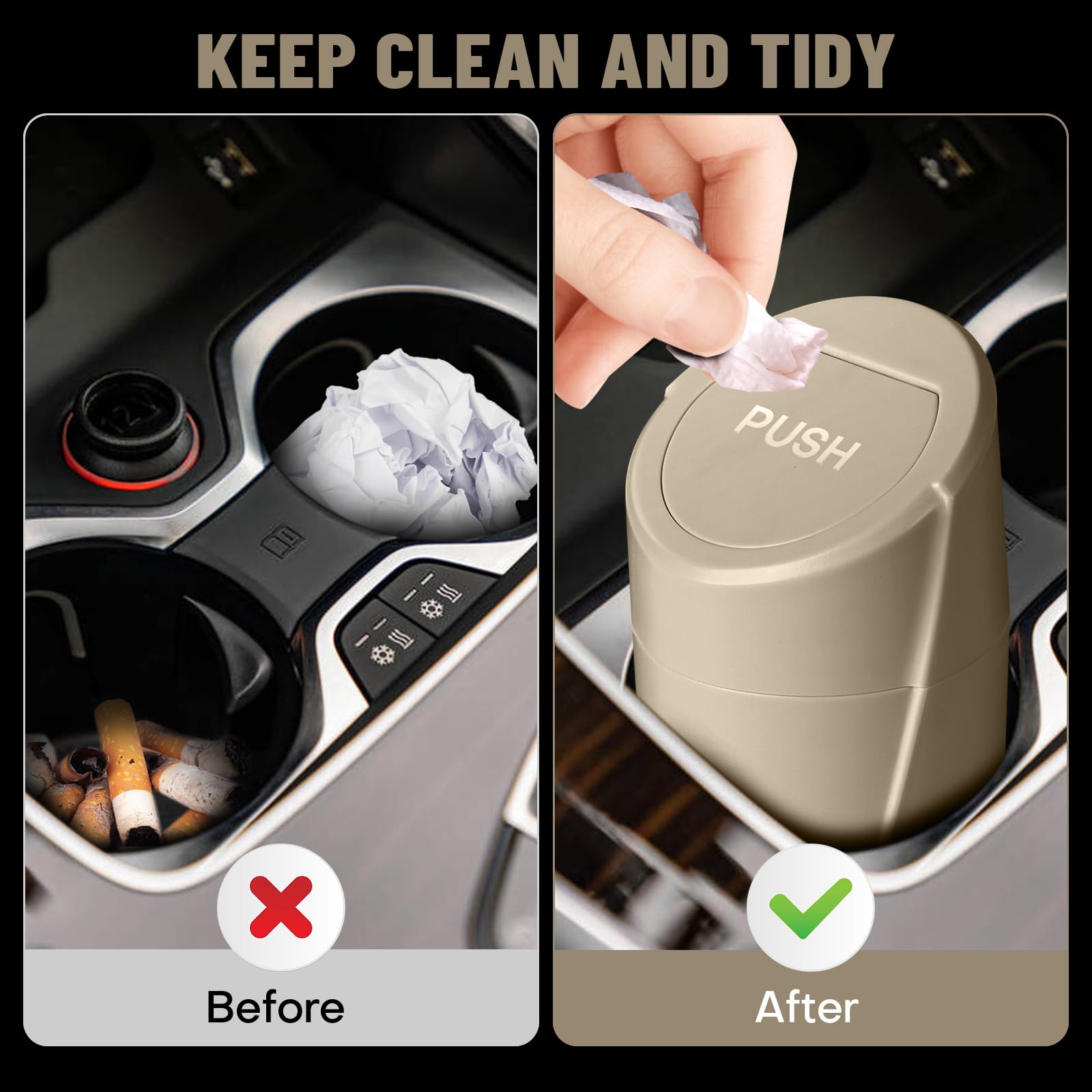 Sglrt Car Trash Can Bin With Lid - Car Garbage Can Cup Holder - Beige Mini Leakproof Vehicle Trash Garbage Can Bin With 20Pcs Tr