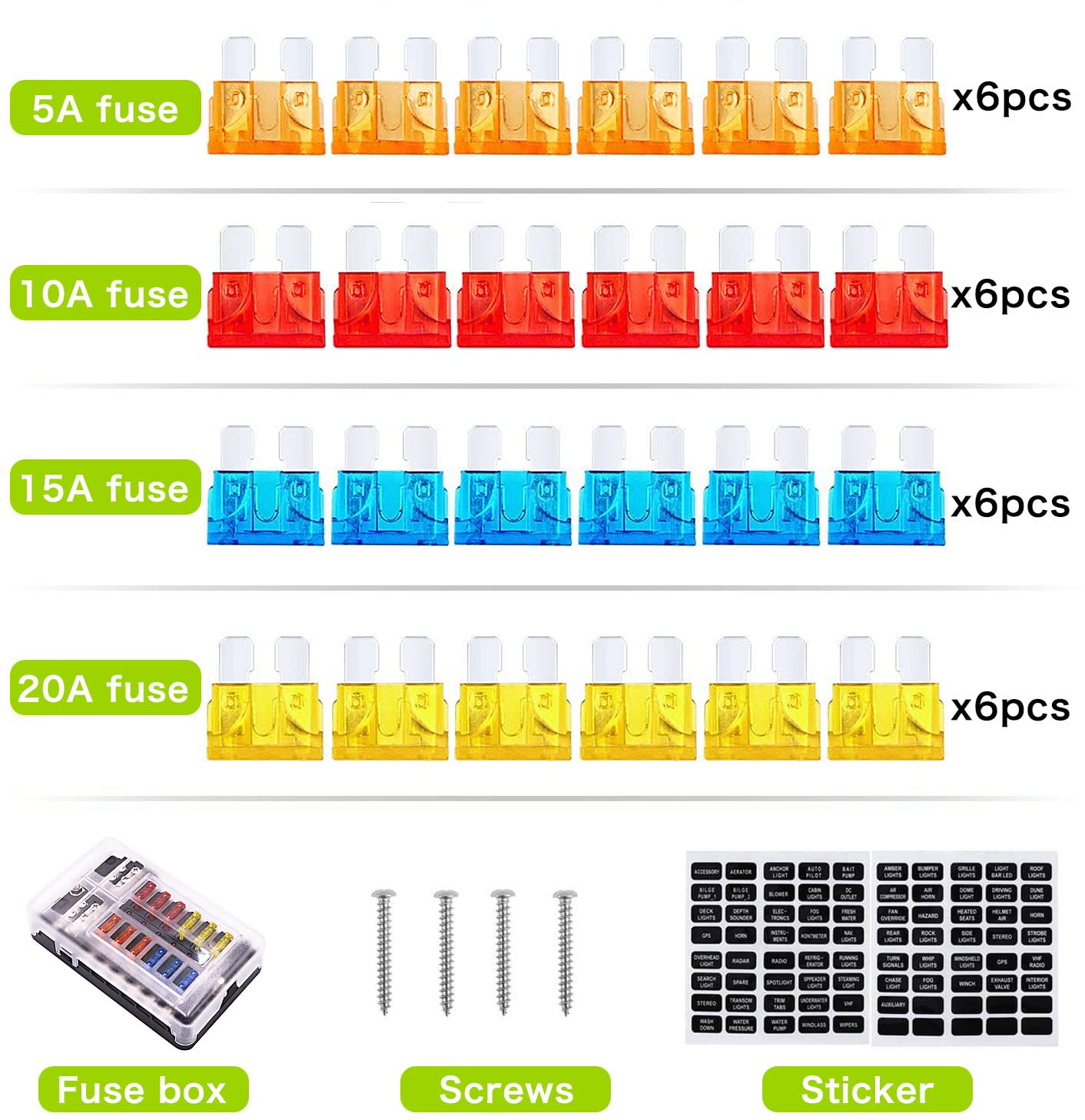 12 Volt Fuse Block, Marine Boat Fuse Block Waterproof 12 Way Automotive Fuse Box with 12 Ground Negative Busbar [100 Amp Max] [L