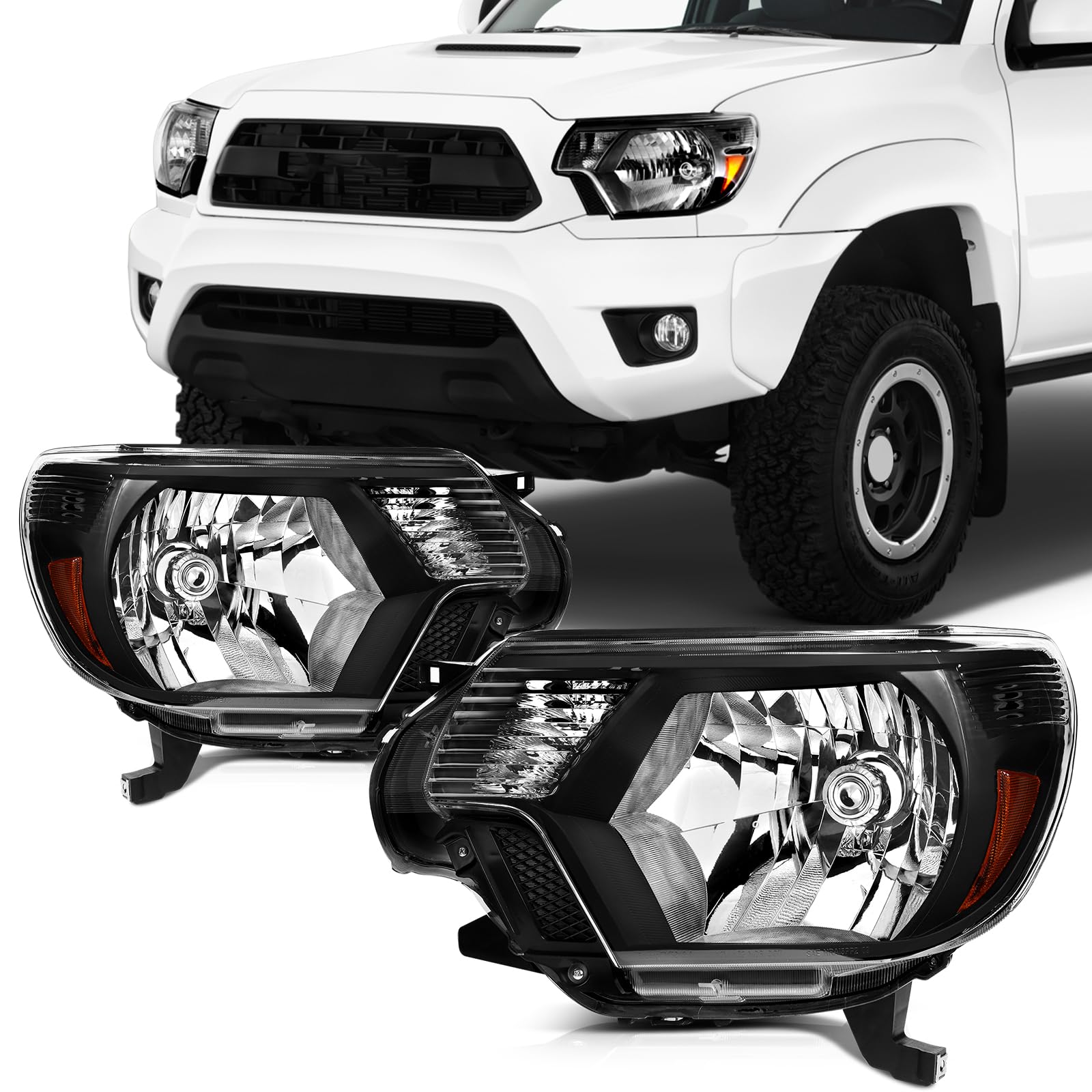 SCITOO Headlight Assembly Fits For Toyota Tacoma 2012-2015 headlamp in Black Housing Amber Reflector Clear Lens