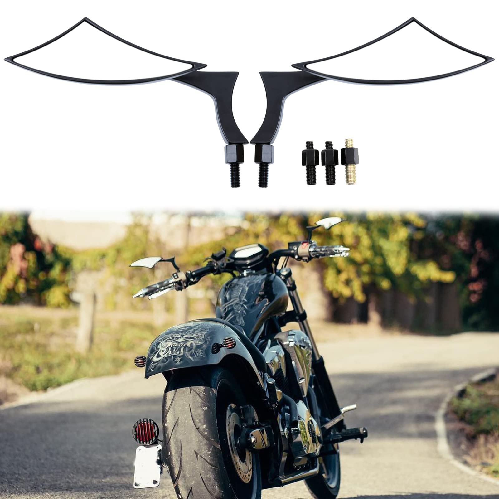 Rich Choices Black 8mm/10mm Motorcycle Side Mirrors - Glass Rear View for Cruiser, Chopper, Sportster, Softail, Street Bike, Scooter, Dirt Bike