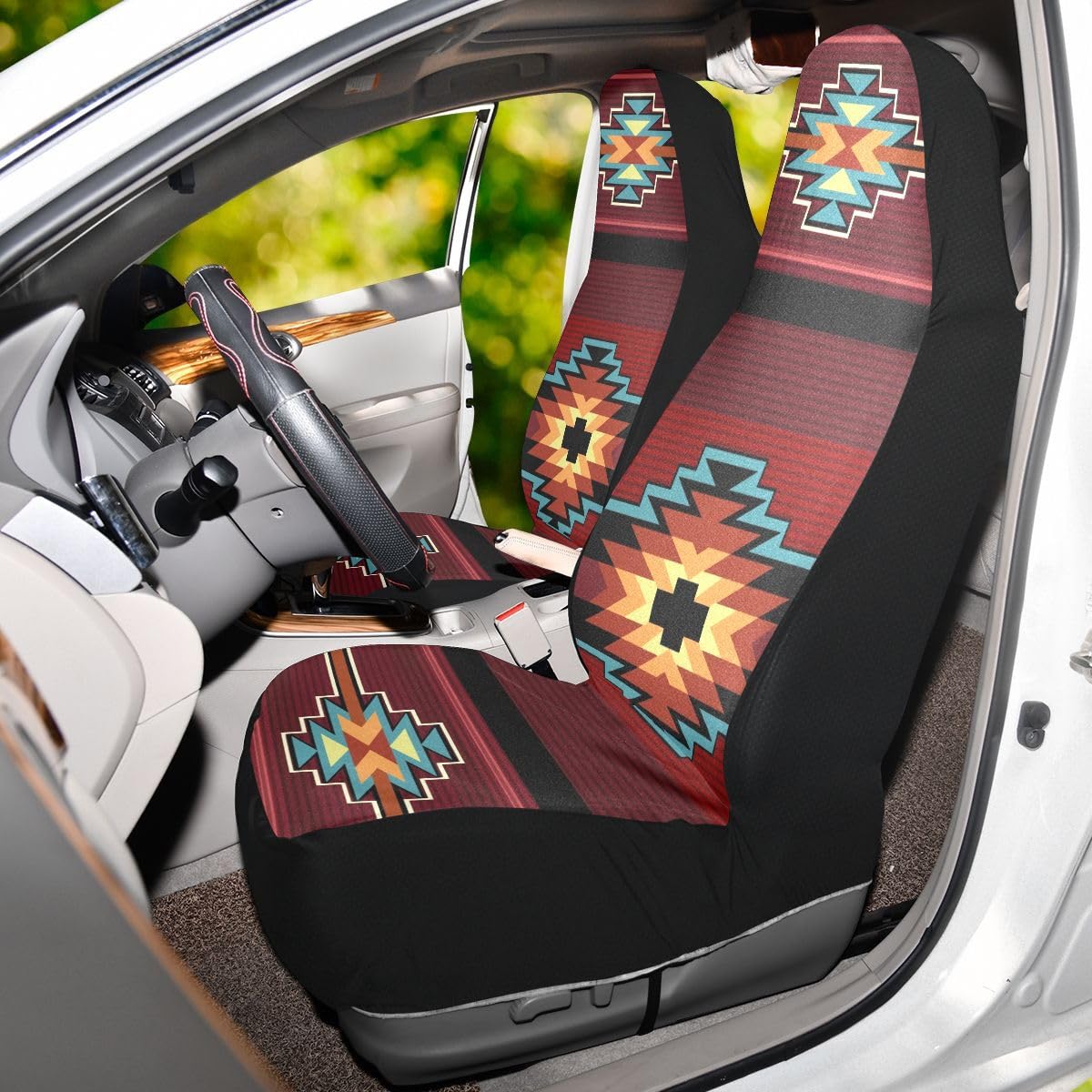 LONSANT Car Seat Covers Set of 2, Teal Red Southwest Aztec Print, Universal Fit, Polyester, 18.8"x51.9", Model QicheCt0722COver
