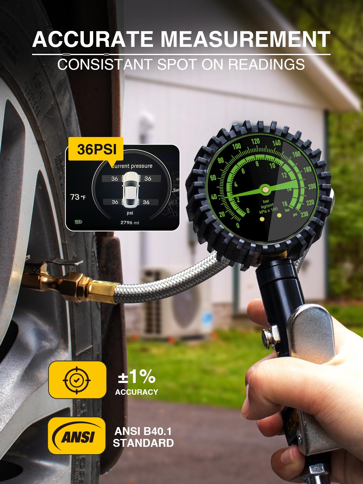 AZUNO Tire Pressure Gauge 230PSI, Analog with Case, 2.6" Glow Dial, Steel Braided Hose, Quick Connect for Truck/Car/SUV/RV/Bike