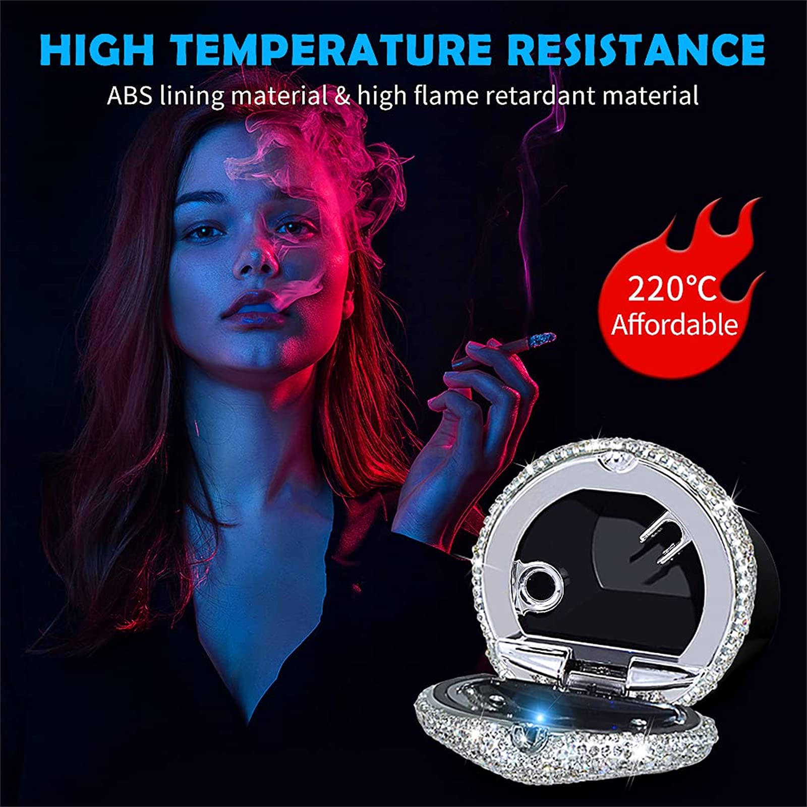 Eing Car Ashtray Portable Bling Cigarette Smokeless Cylinder Cup Holder With Blue Led Light Indicator,Car Accessories For Women,