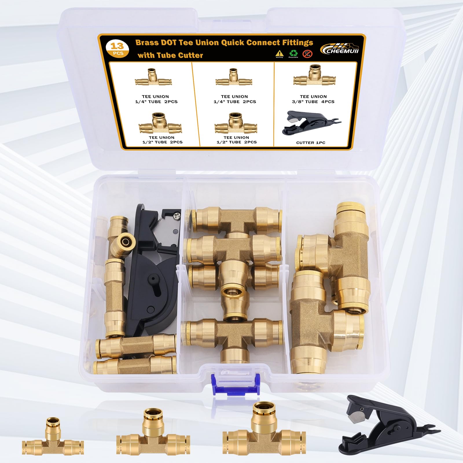 Cheemuii 43 Pcs Brass Dot Air Brake Line Fittings 1/4'' 3/8'' 1/2'' Push To Connect Fittings Quick Connect & Npt Thread Tube Air