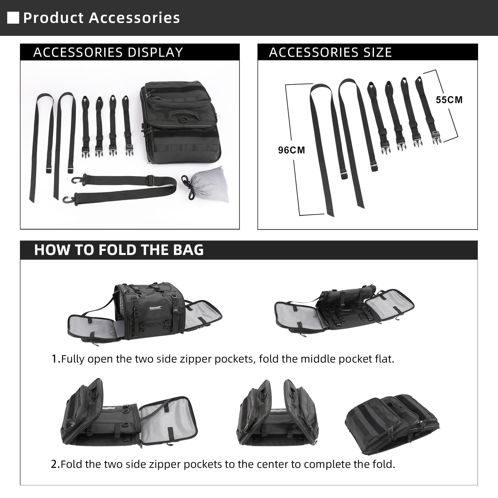Rhinowalk Motorcycle Tail Bag - Expandable 80L Waterproof Luggage, Black, Model MT4080-1, Ideal for All Weather Travel