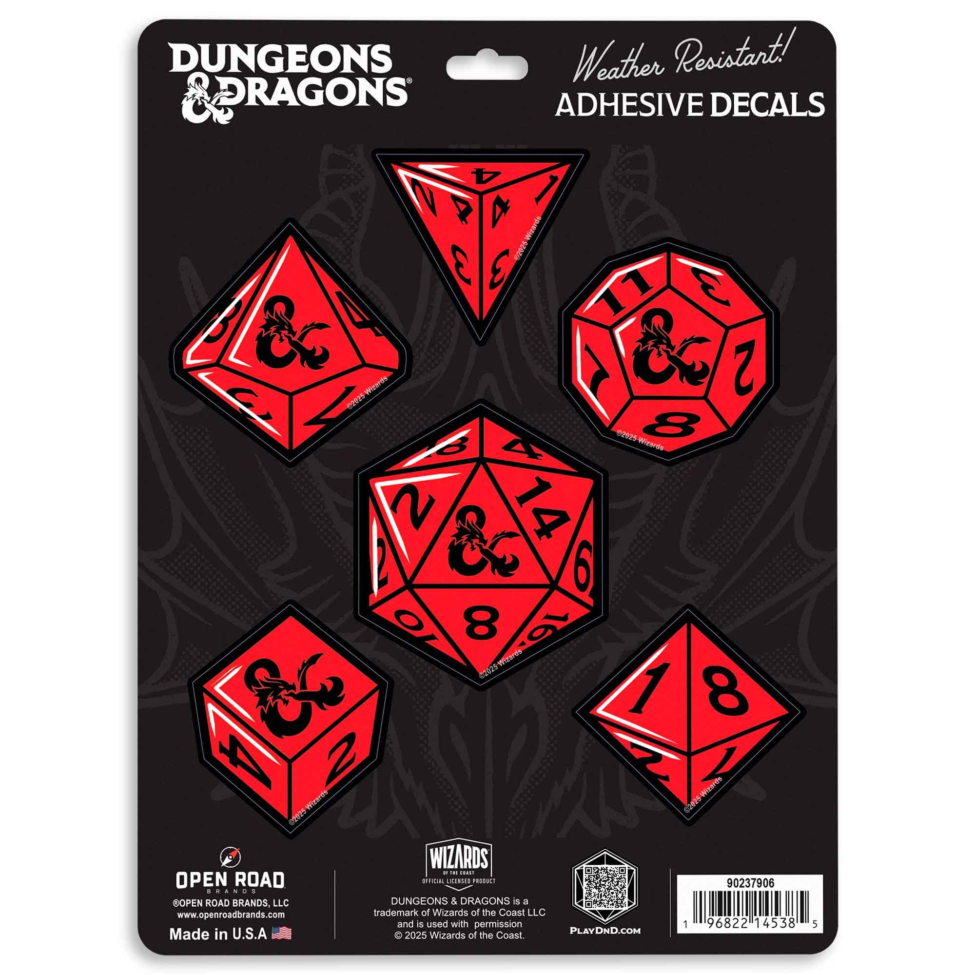 Hasbro Dungeons and Dragons Adhesive Vinyl Decal Set - Includes Red Polyhedral Dice Stickers with D&D Logo, 1 Pack (6 Count)