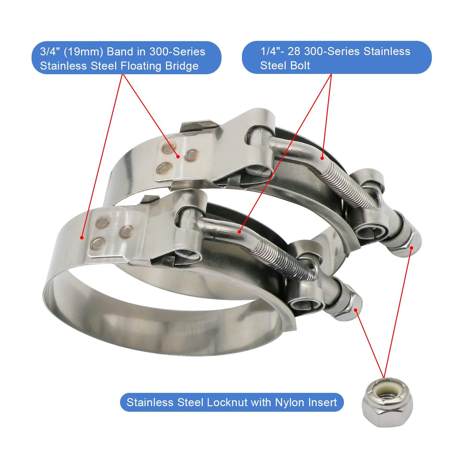 Roadformer 3.5'' T-Bolt Hose Clamp - Clamp Range 95Mm - 103Mm For 3.5'' Hose Id, Stainless Steel Bolt, Stainless Steel Band Floa