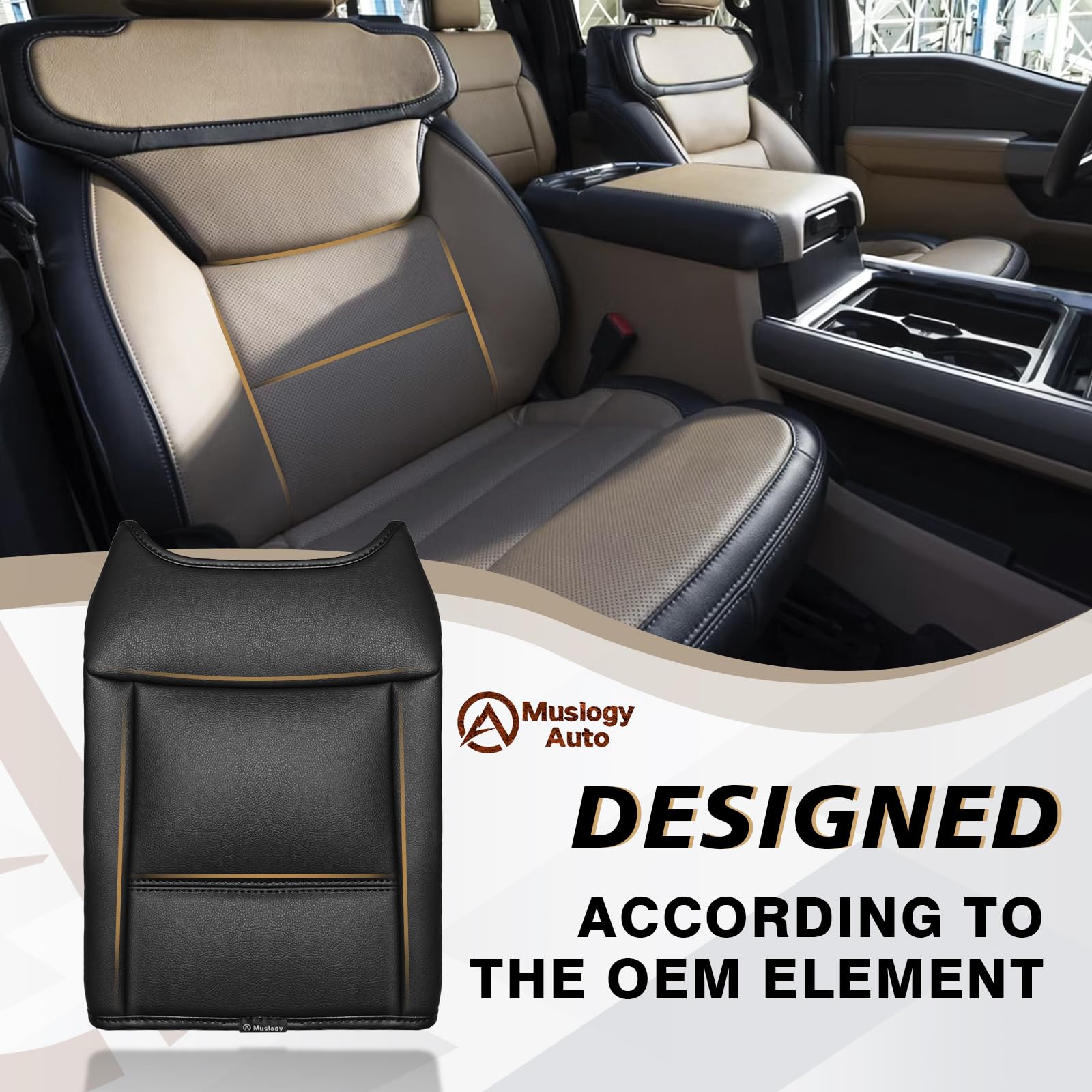 Muslogy Armrest Cover for Ford F250/F350/F450 2023-2026, Vegan Leather, Regular Thick, Bucket Seat Only, Model MUS-ACEXTRA-47B