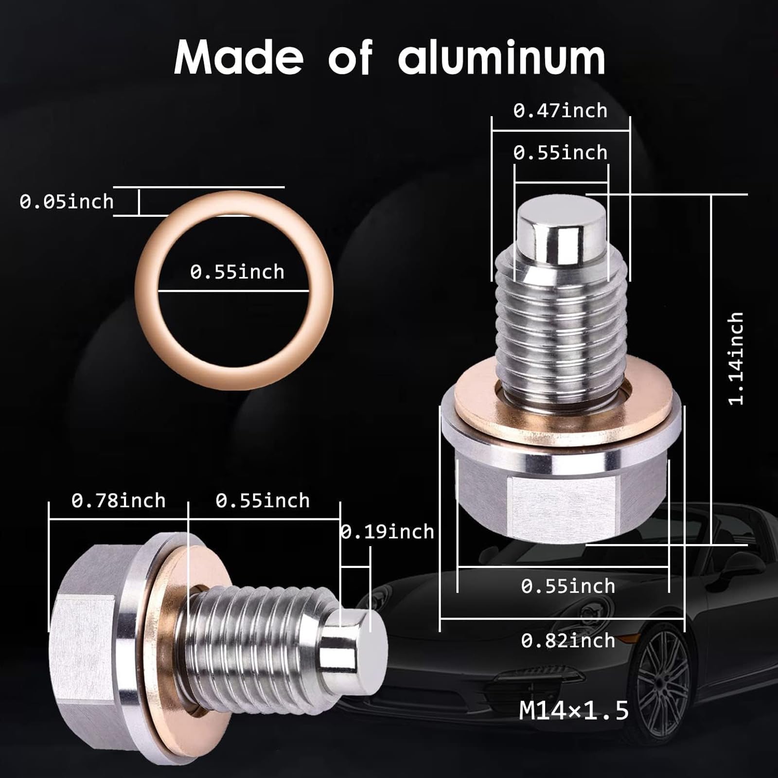 Miytsya Stainless Steel Sump Drain Nut Bolt, 1 PC M14x1.5 Magnetic Oil Drain Plug with 5 PCS Gaskets, Universal for Most Cars Fo
