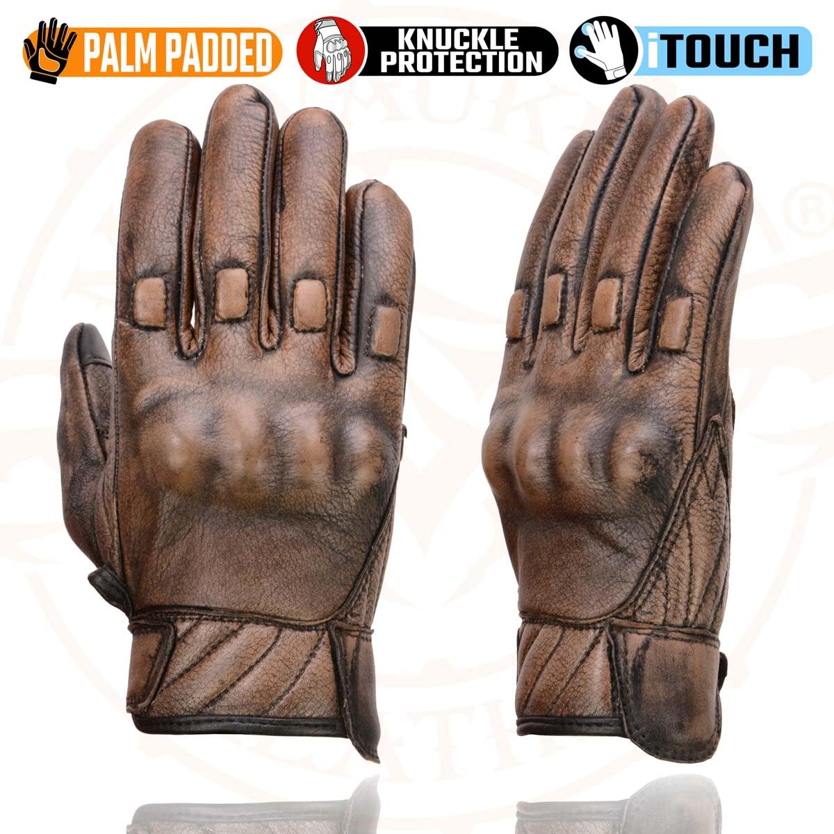 Milwaukee Leather MG7514 Men's Brown Leather with Gel Palm Motorcycle Gloves W/Protective Knuckle - X-Small