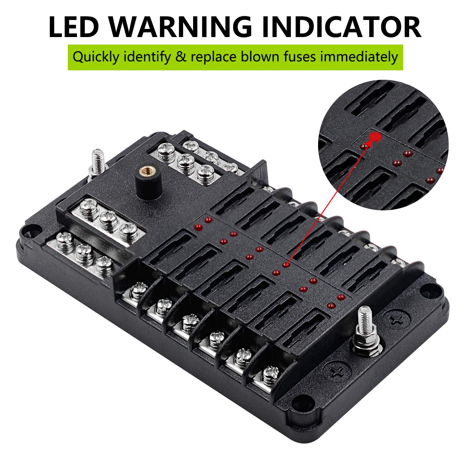 12 Way Fuse Block W/Negative Bus - Atc/Ato 12 Circuit Fuse Box With Ground, With Negative Bus & Protection Cover, Bolt Connect T