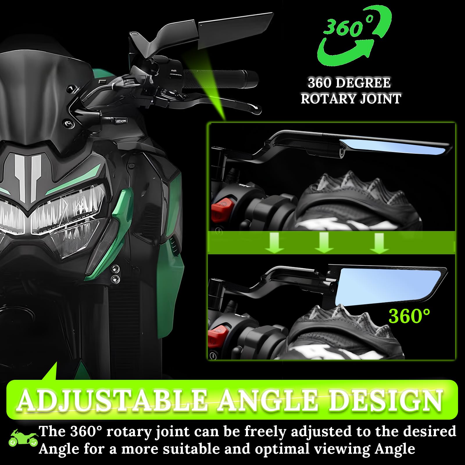 CABORIALLAN Motorcycle Rear View Mirrors, Adjustable 360 Rotating Stealth Wind Wing Side Mirrors Compatible with Kawasaki Z400 Z